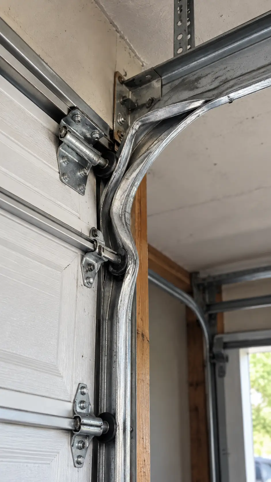 Bent residential garage door track affecting roller movement