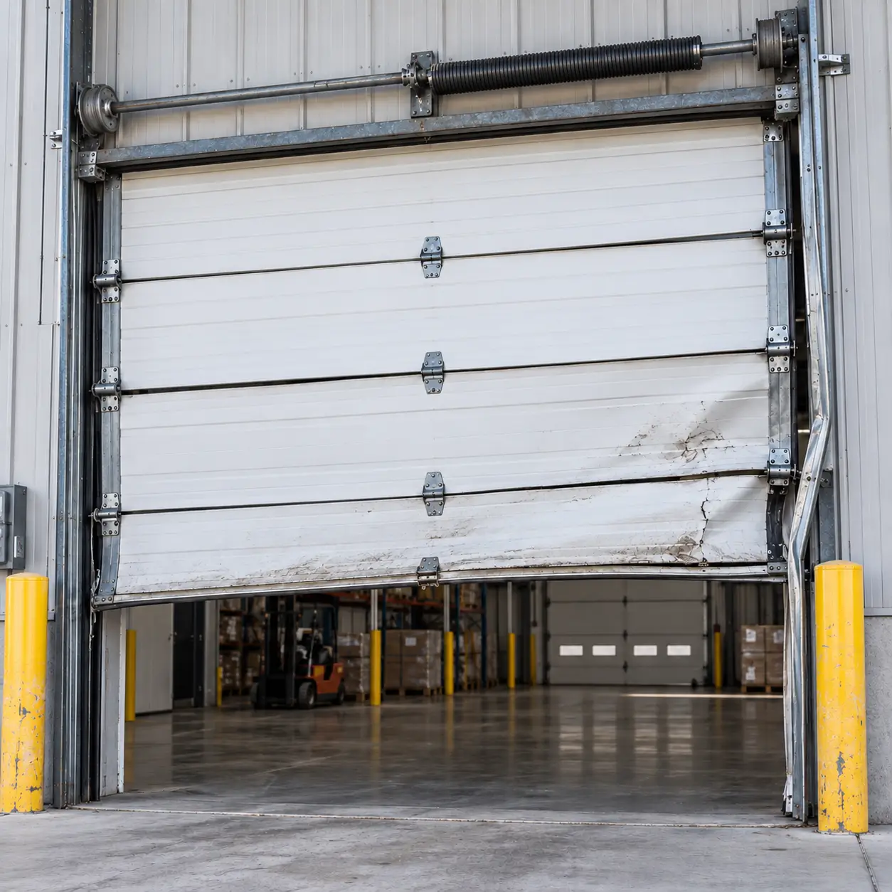 Damaged garage door before repair in South Houston TX