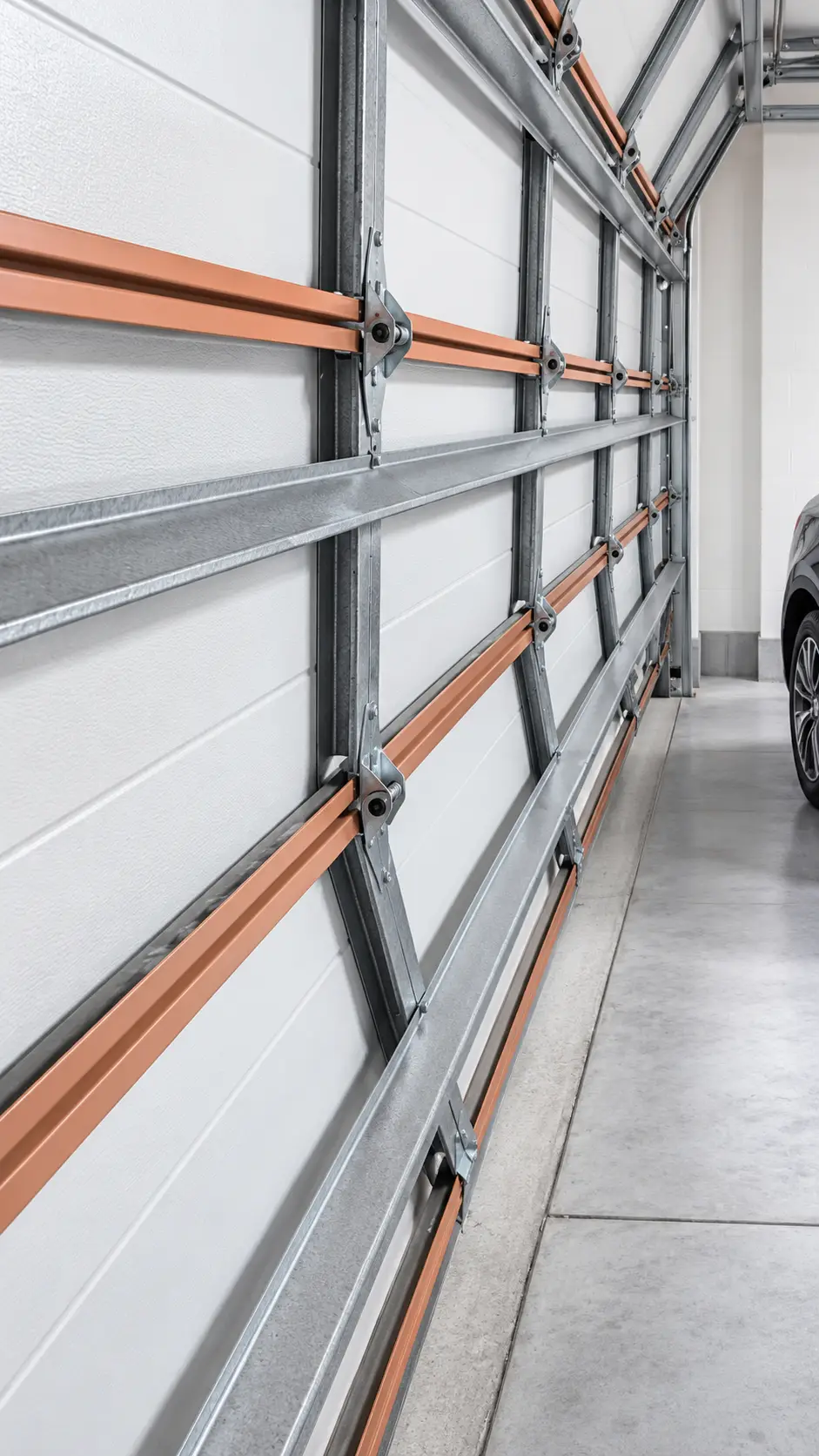 Dent and impact damage near the hinge of a sectional garage door panel