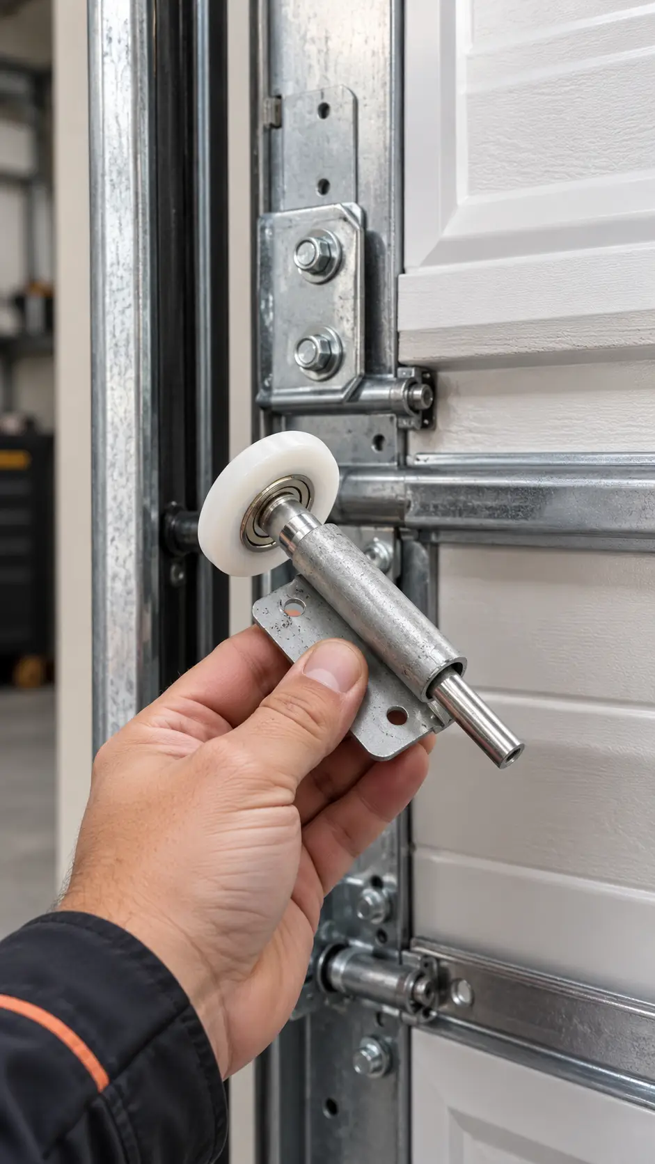 Residential garage door components inspected for springs cables rollers and track problems