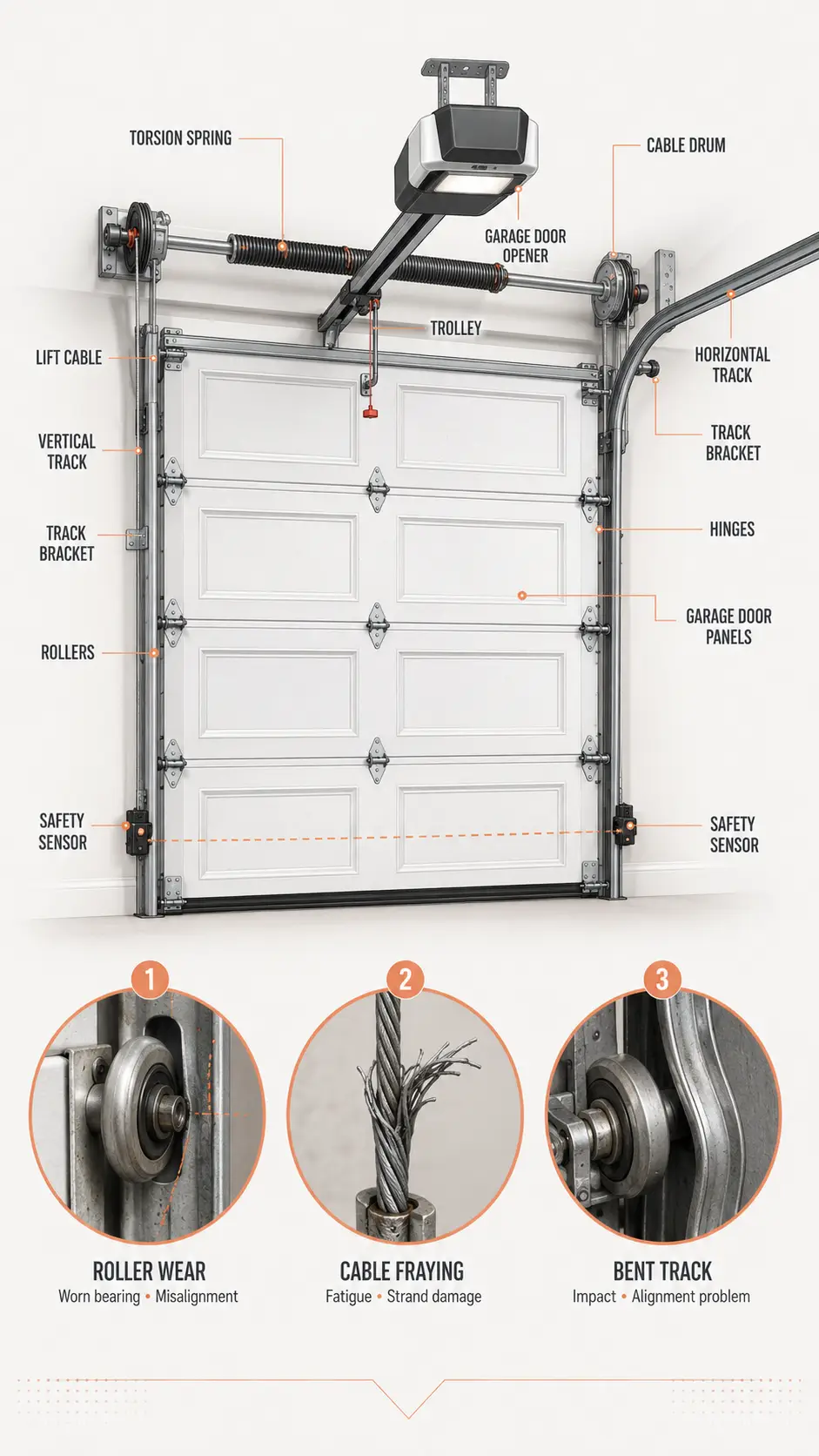 Garage door repair tools and components for springs, cables, rollers and tracks in South Houston TX