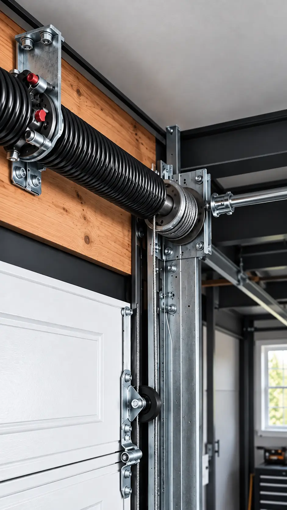 Garage door torsion springs shaft cable drums and track system for correct spring sizing