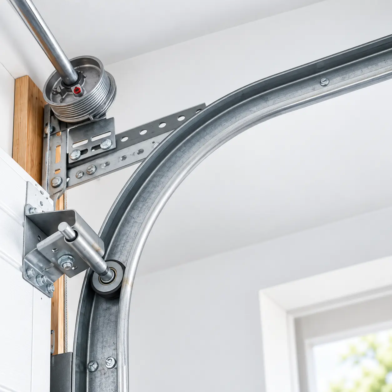 Curved garage door track section and roller near the radius transition
