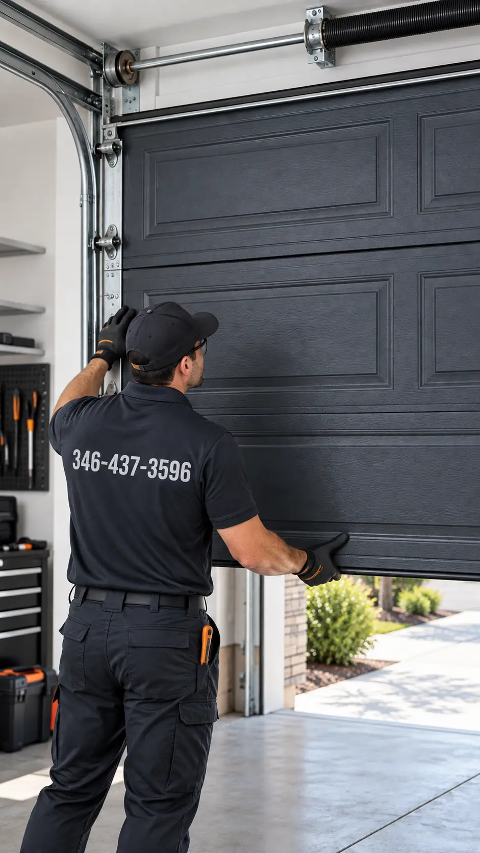 Crooked residential garage door requiring lifting and alignment evaluation
