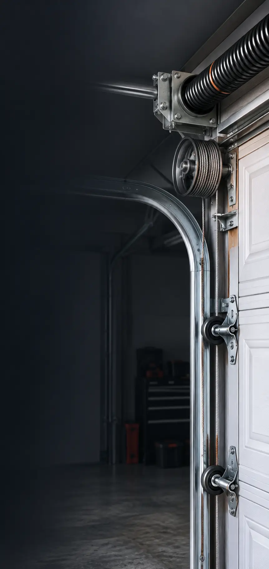 Damaged garage door lift cable and drum assembly during emergency evaluation