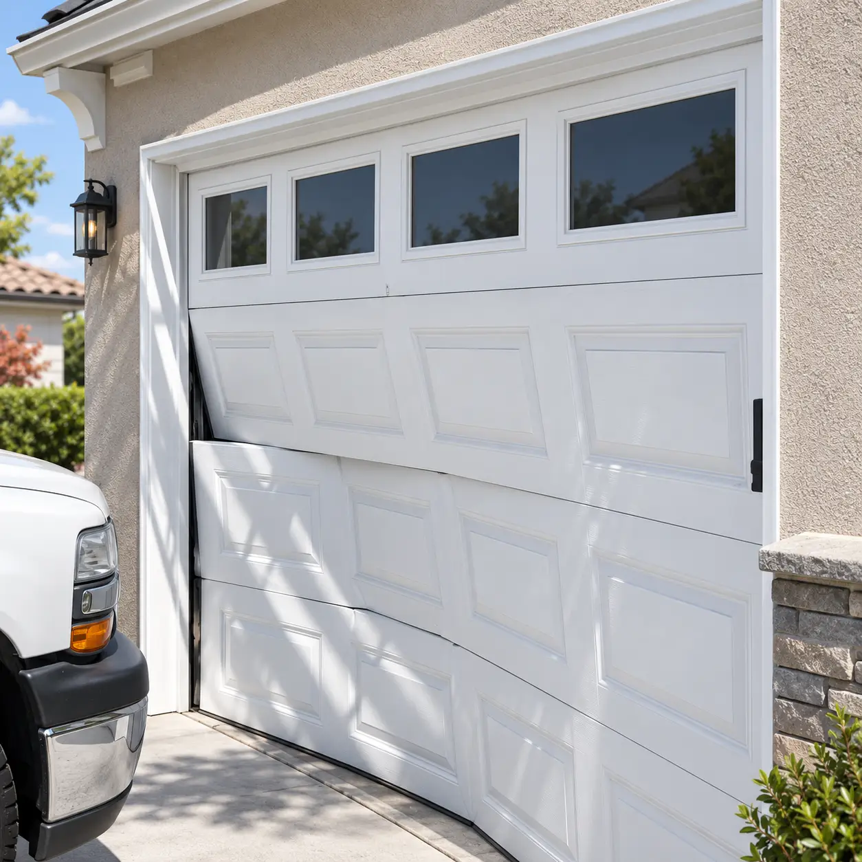 Garage door with vehicle impact damage requiring structural and hardware evaluation