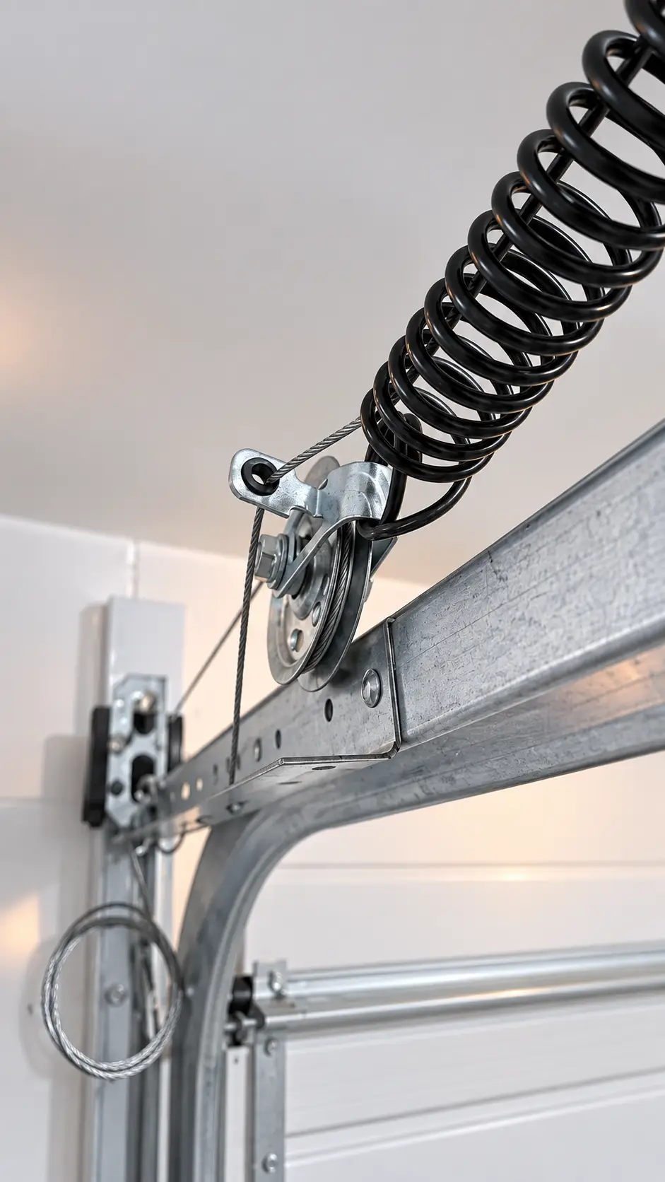 Garage door extension spring pulley and lift cable system near the horizontal track