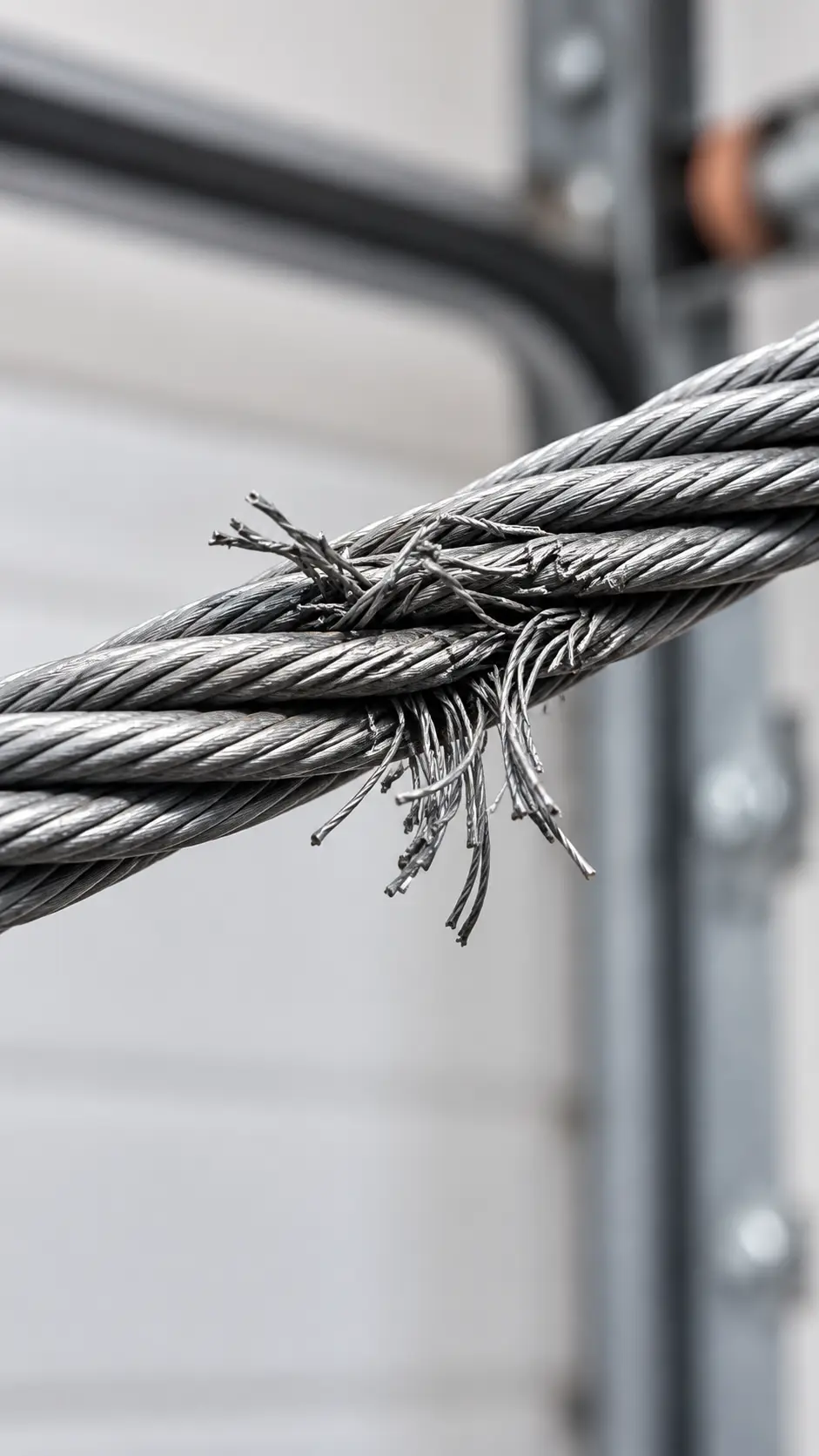 Close-up of frayed steel garage door lift cables and related hardware