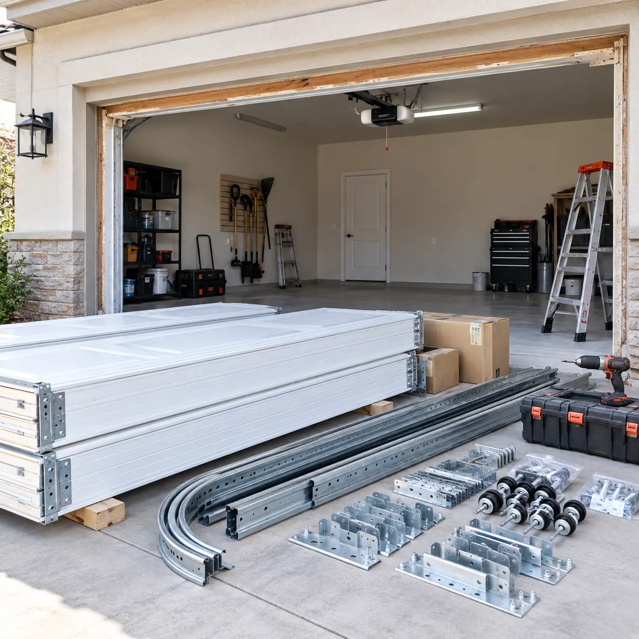 Damaged garage door before repair in South Houston TX