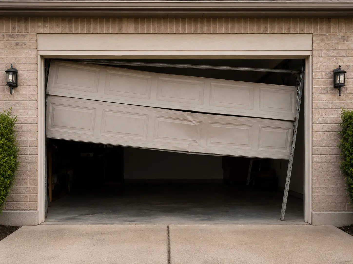 Damaged garage door before repair in South Houston TX