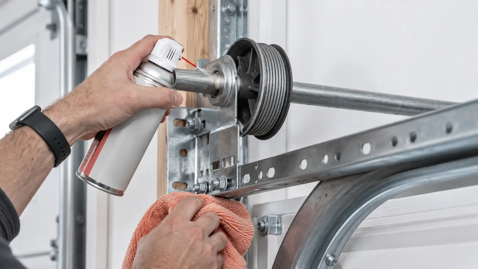 Garage door lift cable and cable drum during preventive maintenance inspection