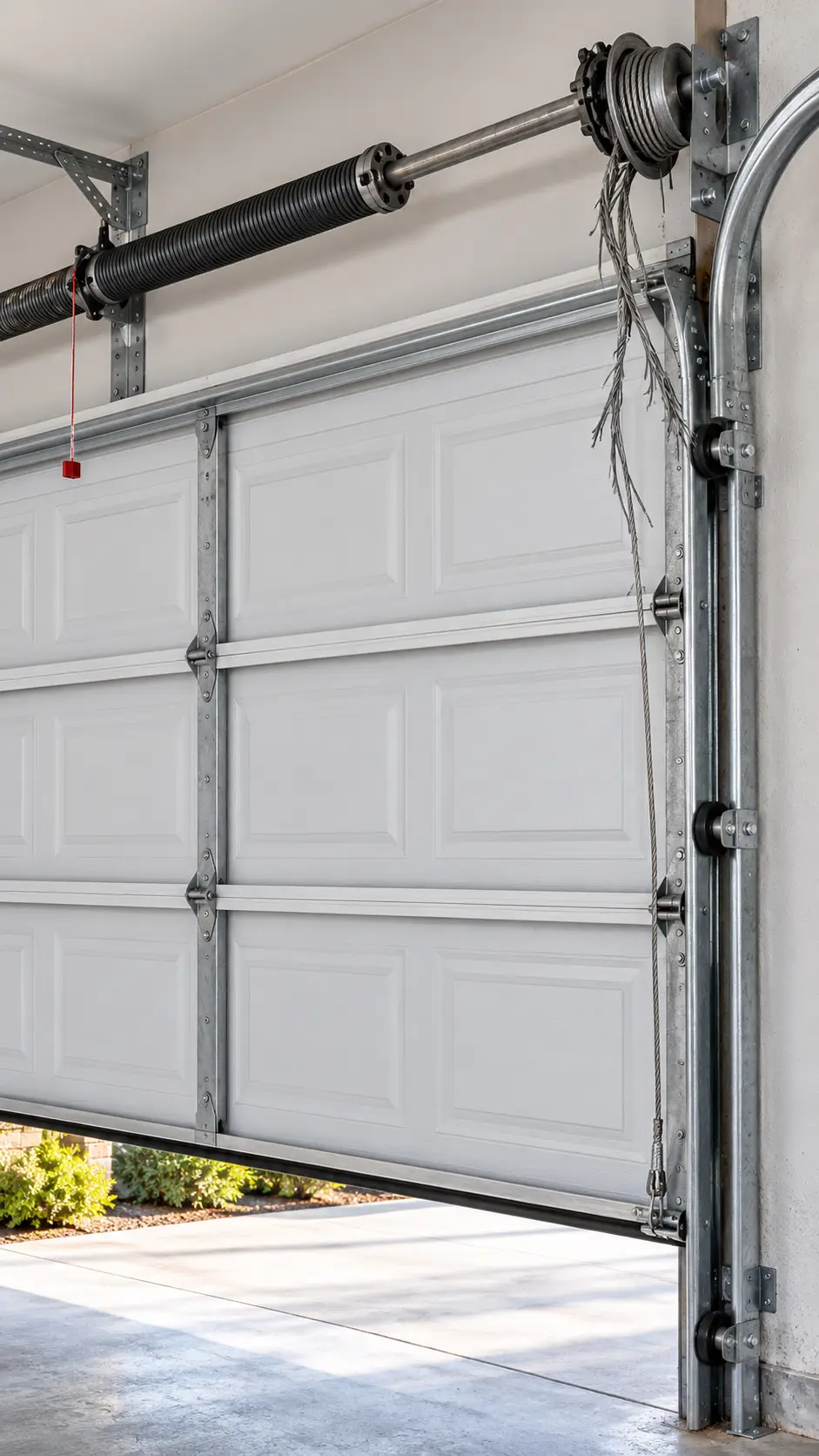 Frayed and displaced garage door lift cables beside a sectional door