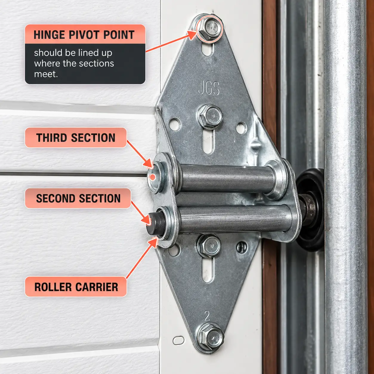 Garage door sectional hinges, shaft bearings, roller fixtures, and mounting brackets