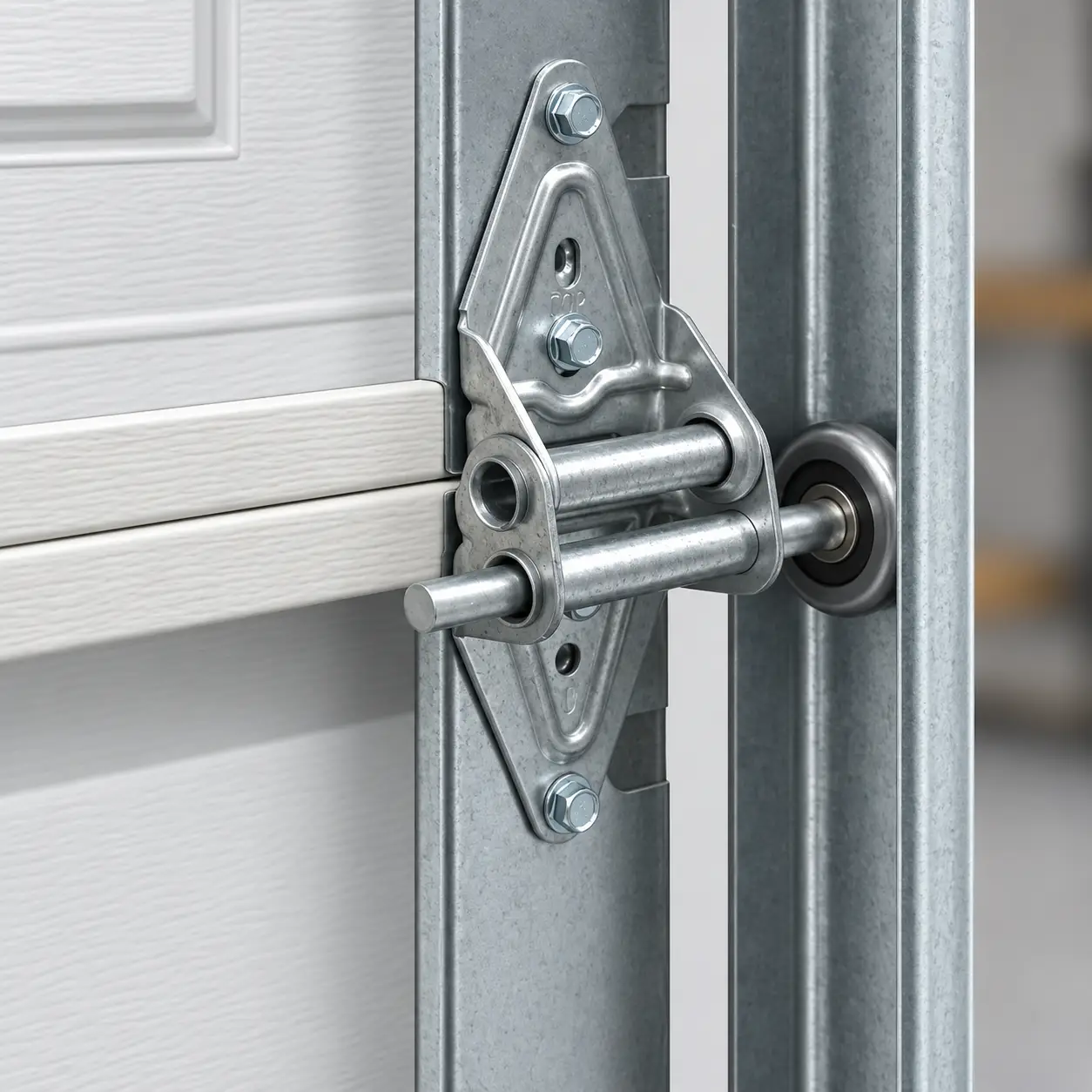 Garage door roller stem seated in a sectional door hinge fixture
