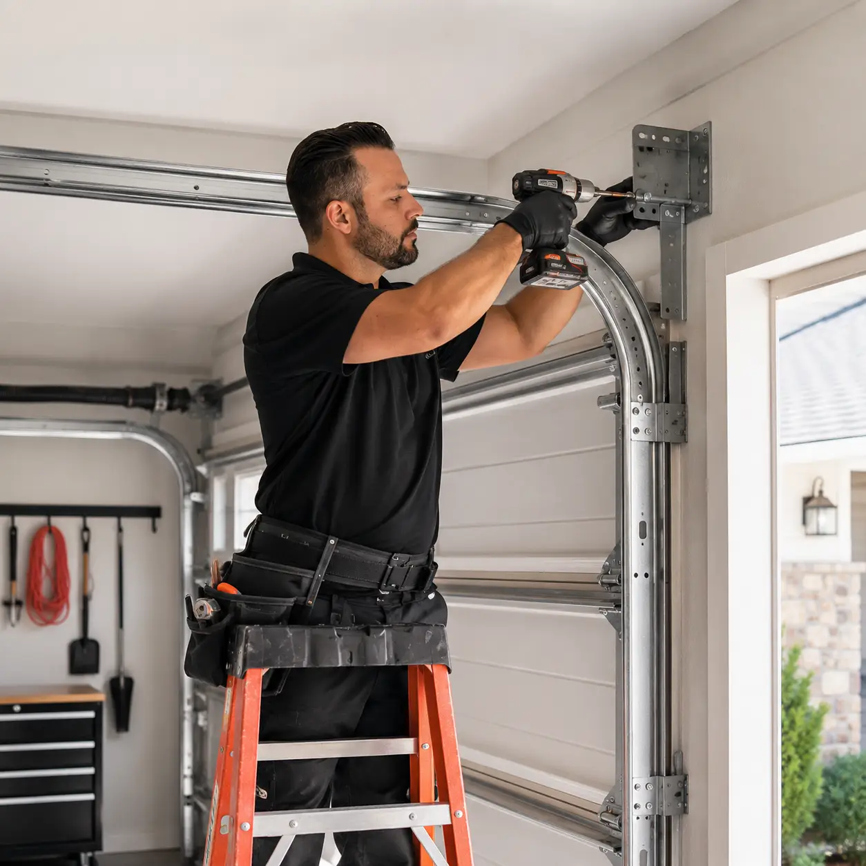 Technician installing a new residential garage door system in South Houston TX