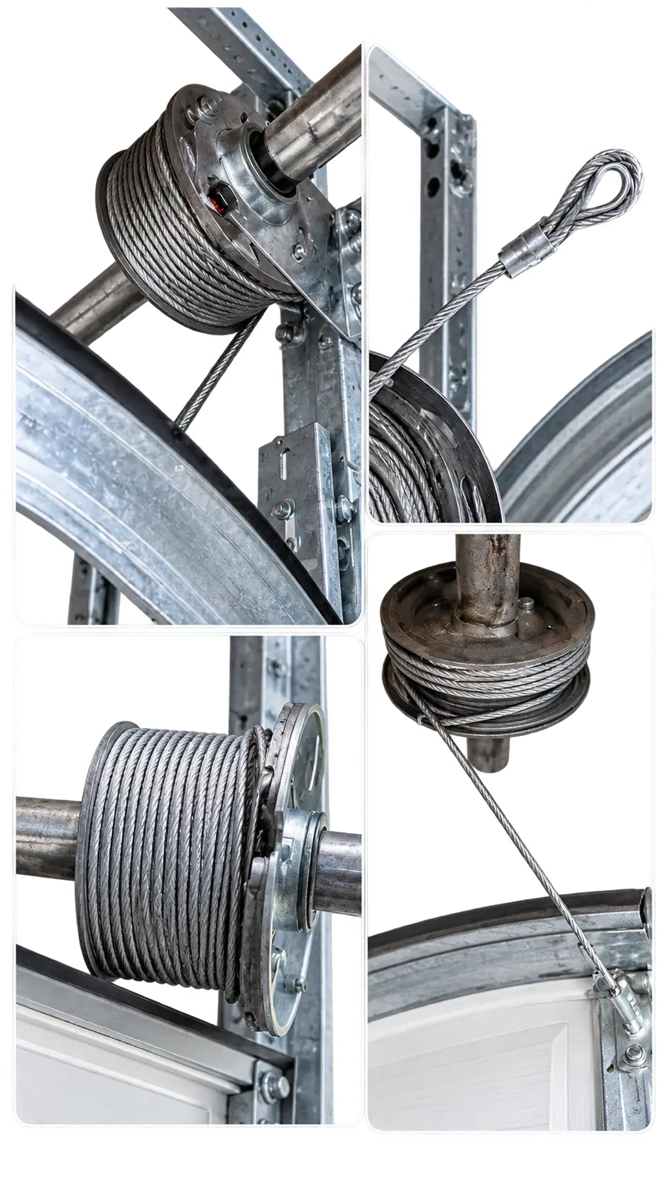 Garage door lift cable, cable drum, and connected lower door hardware
