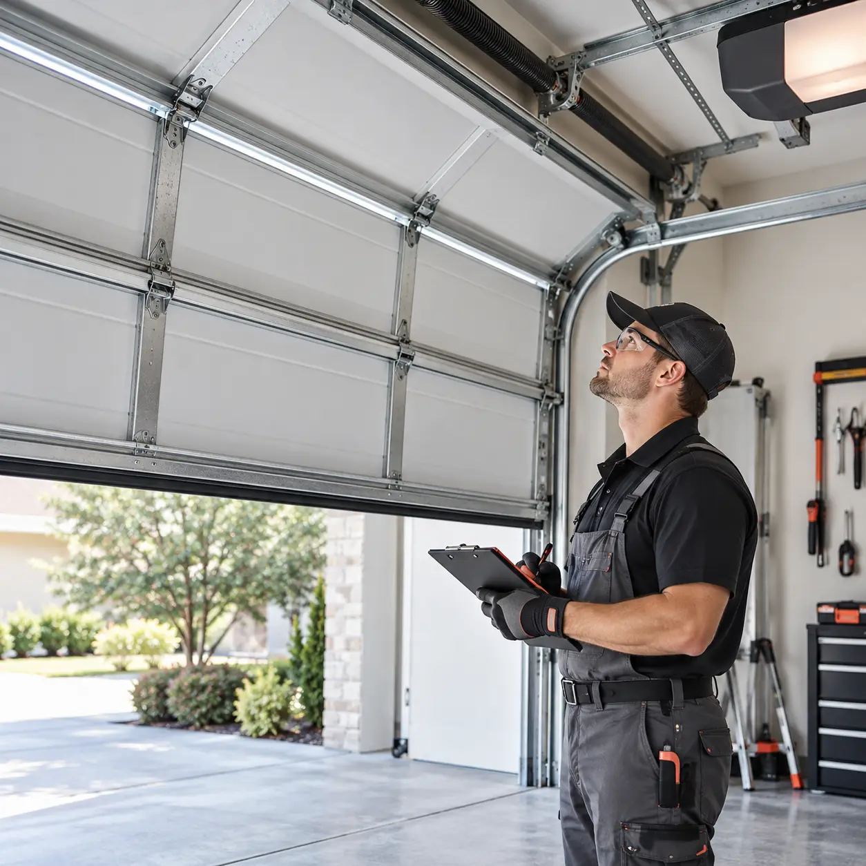 Technician performing preventive garage door inspection in South Houston TX
