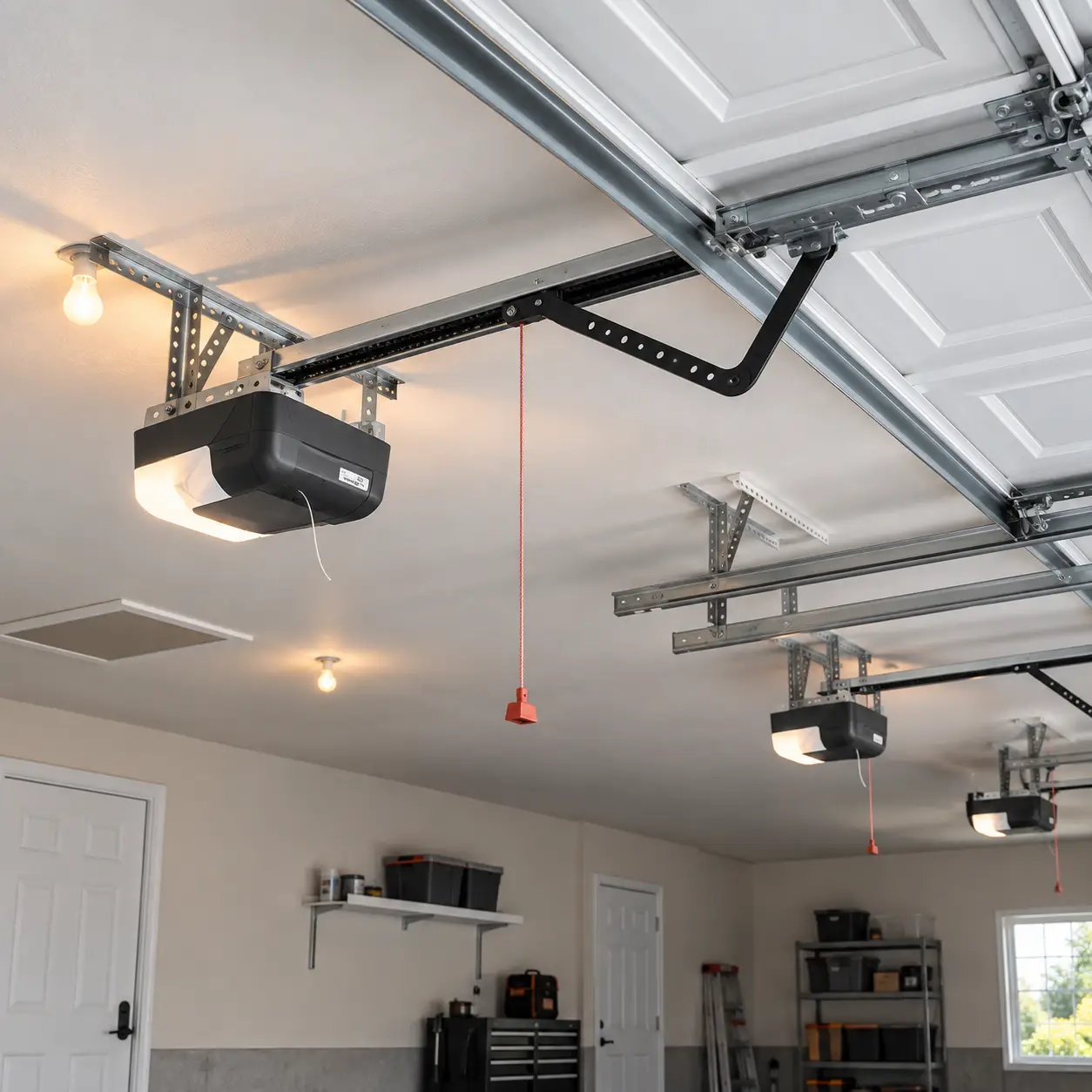 Ceiling-mounted garage door opener and rail installed above a balanced sectional door