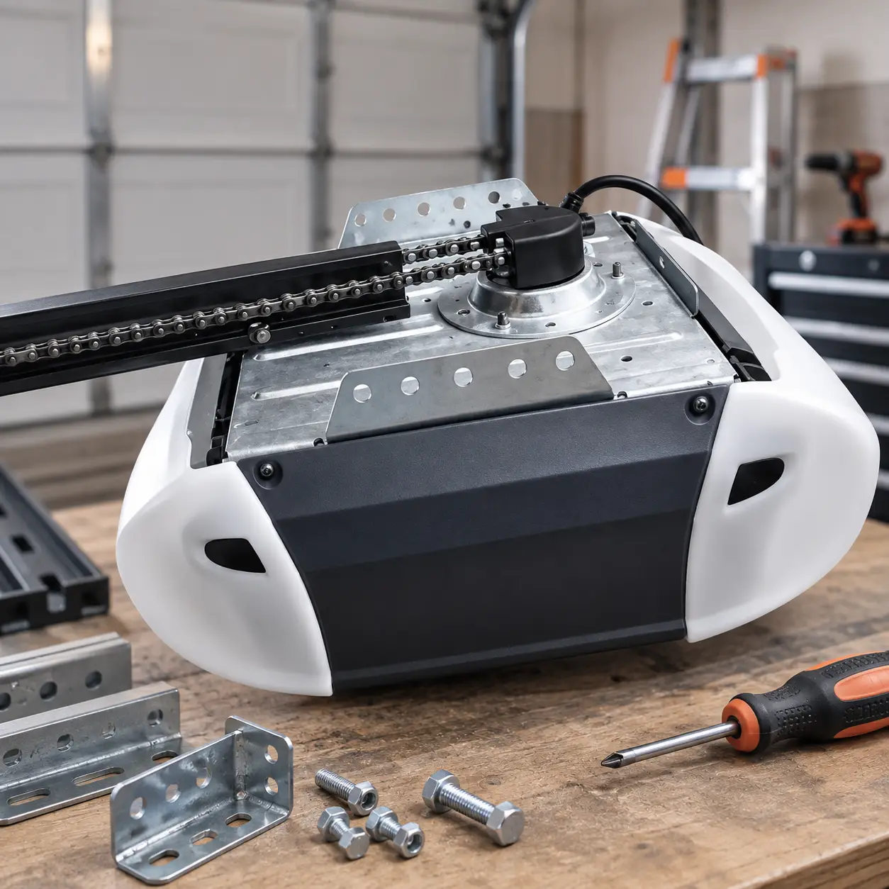 Garage door opener motor, drive rail, chain, controls, and safety sensors
