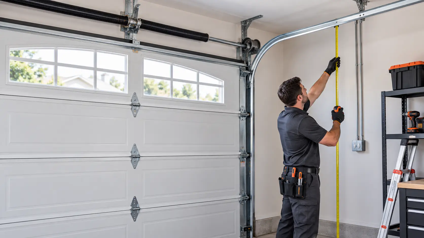 Technician measuring garage door opening width, height, and available clearance