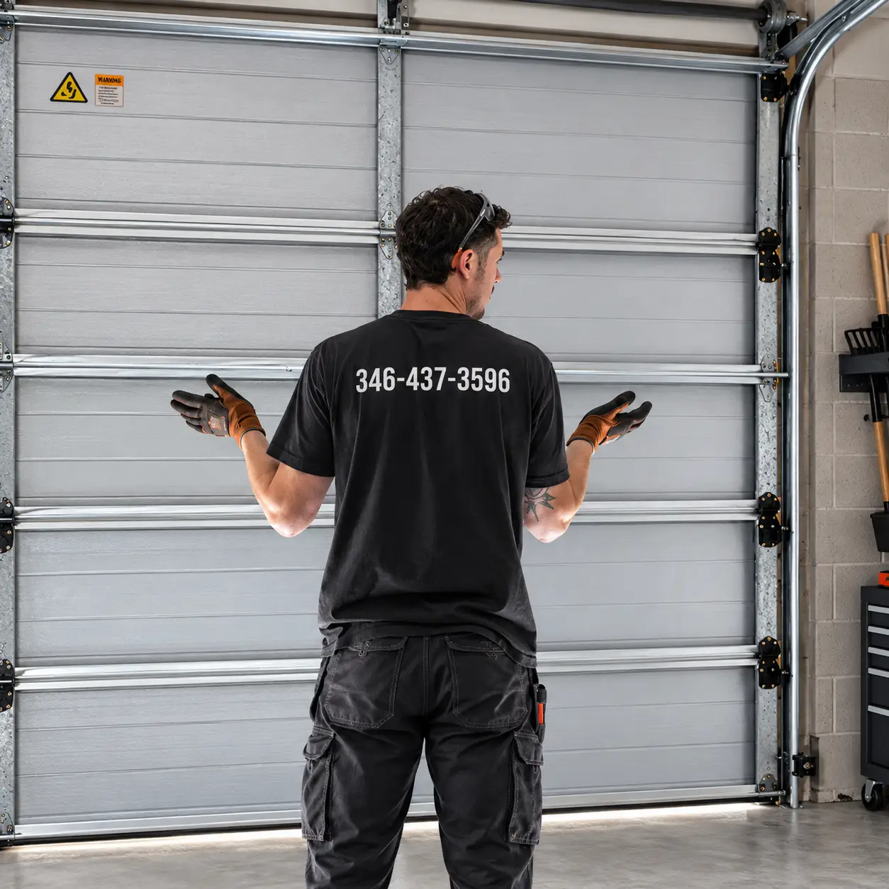Technician evaluating damaged sectional garage door panels for repair or replacement