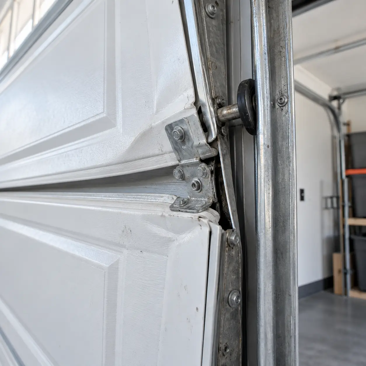 Distorted sectional garage door panel affecting hinge and roller alignment in the track