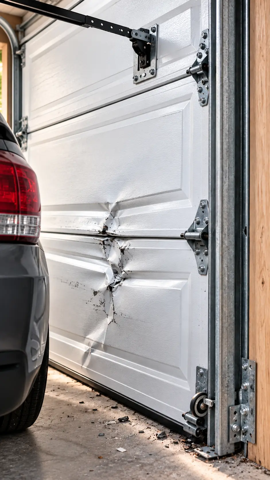 Dented garage door panel with nearby track, hinge, and roller fixtures