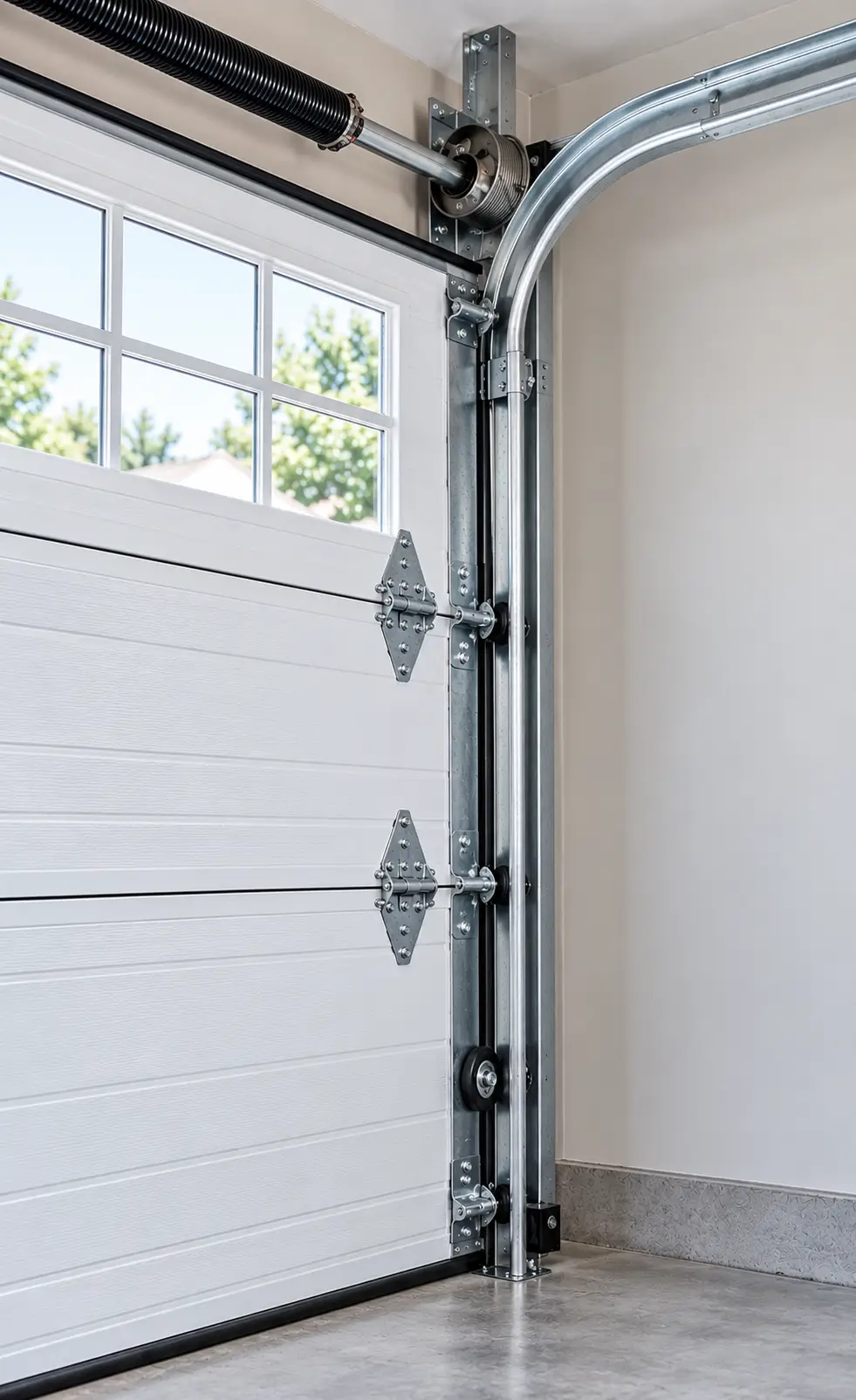 Sectional garage door panel hinges and rollers fitted into the track system