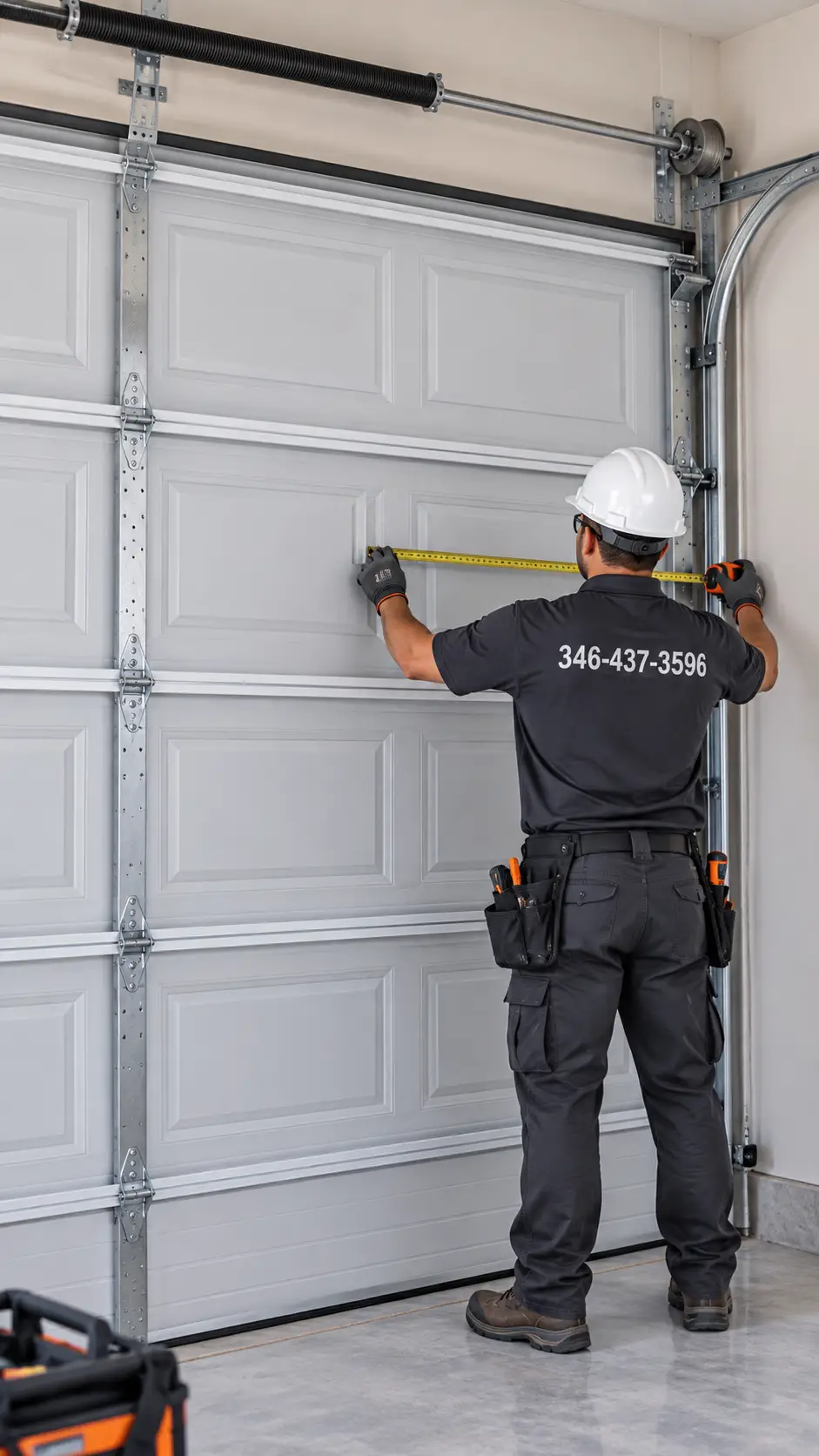 Technician evaluating an aging sectional garage door for repair or replacement