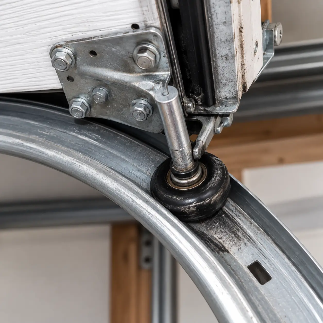 Garage door roller and track being inspected for noise and movement resistance