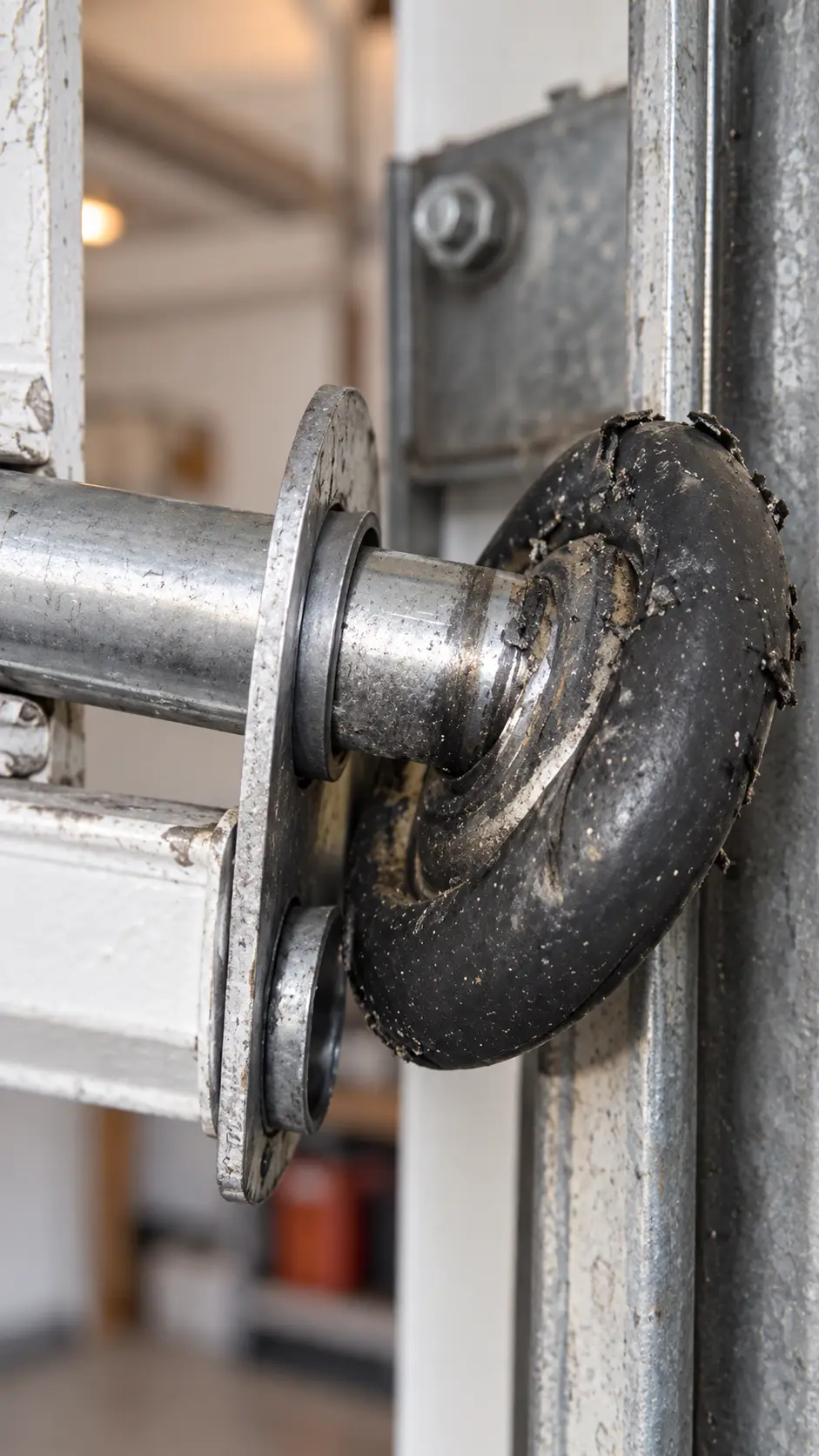 Worn garage door roller with visible wheel and bearing damage