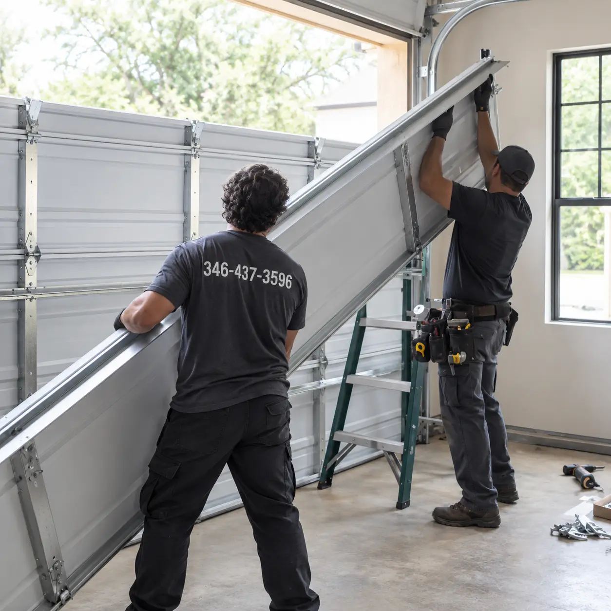 Technician installing a new residential garage door system in South Houston TX