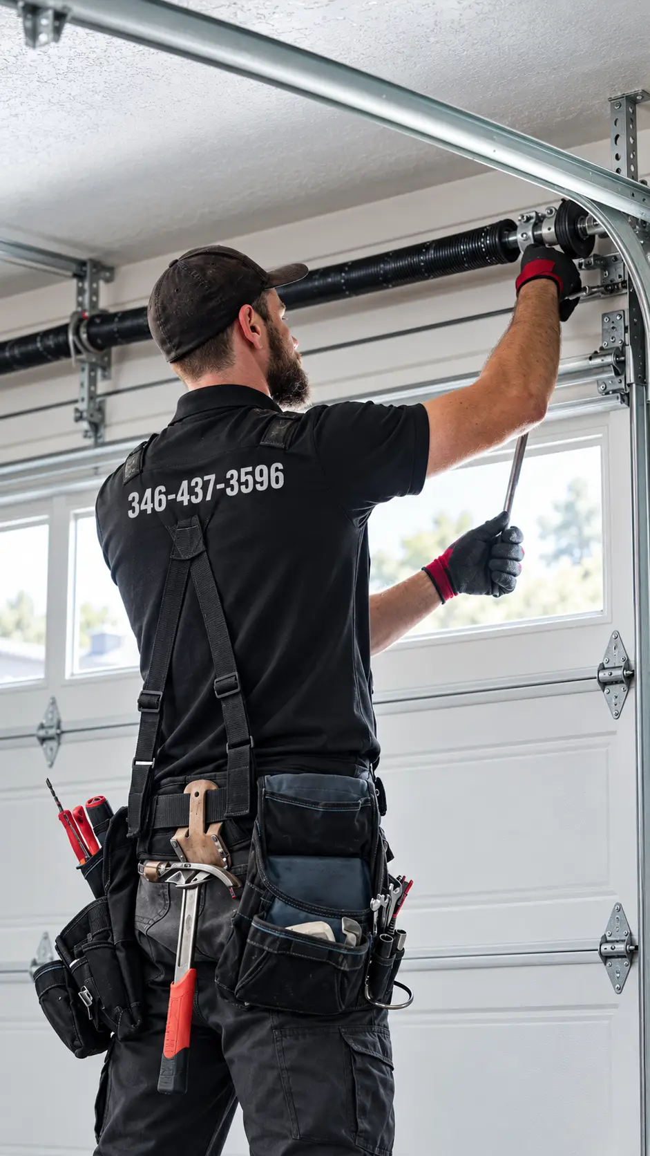 Technician inspecting a garage door torsion spring and counterbalance system