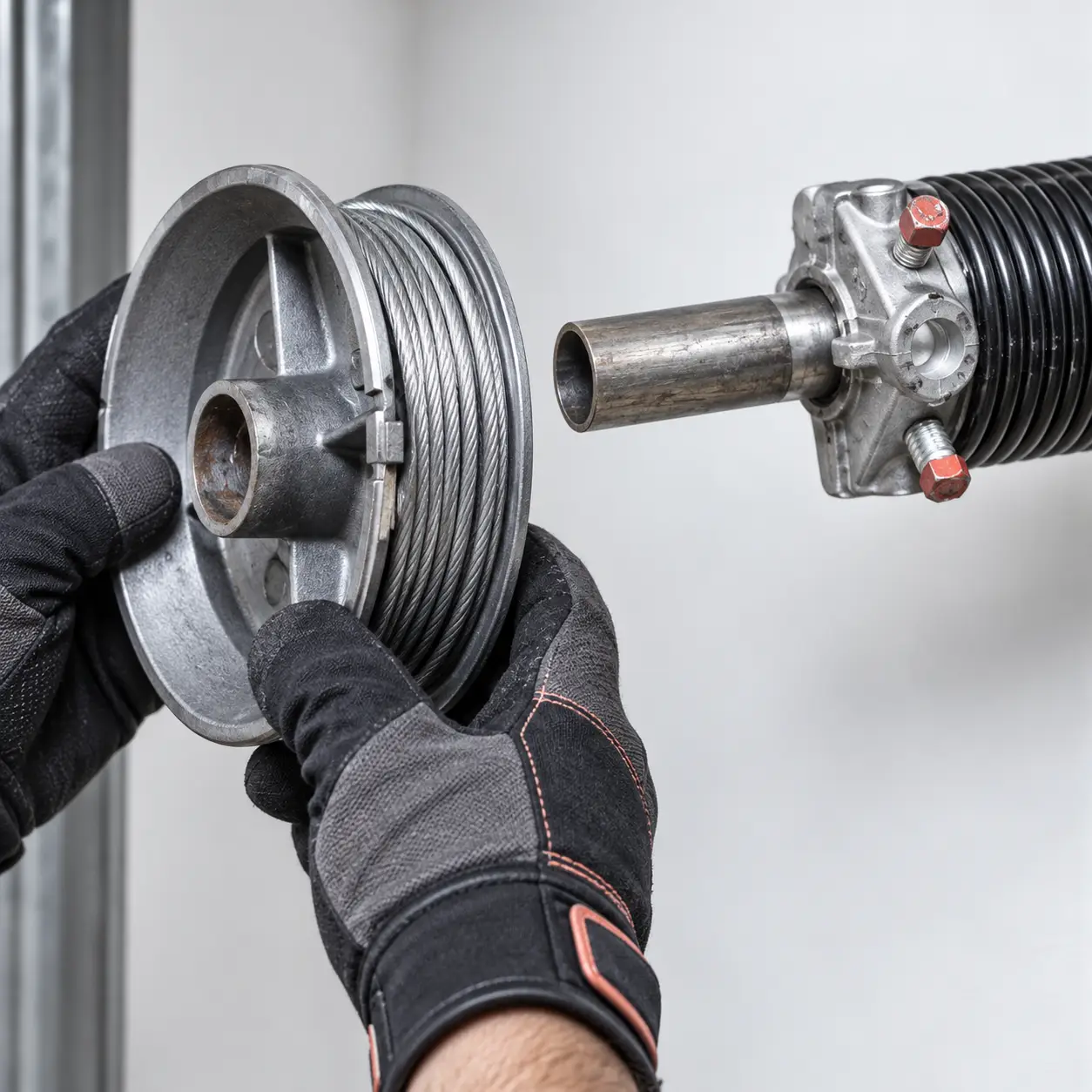 Garage door torsion spring, cable drums, and lift cables during installation