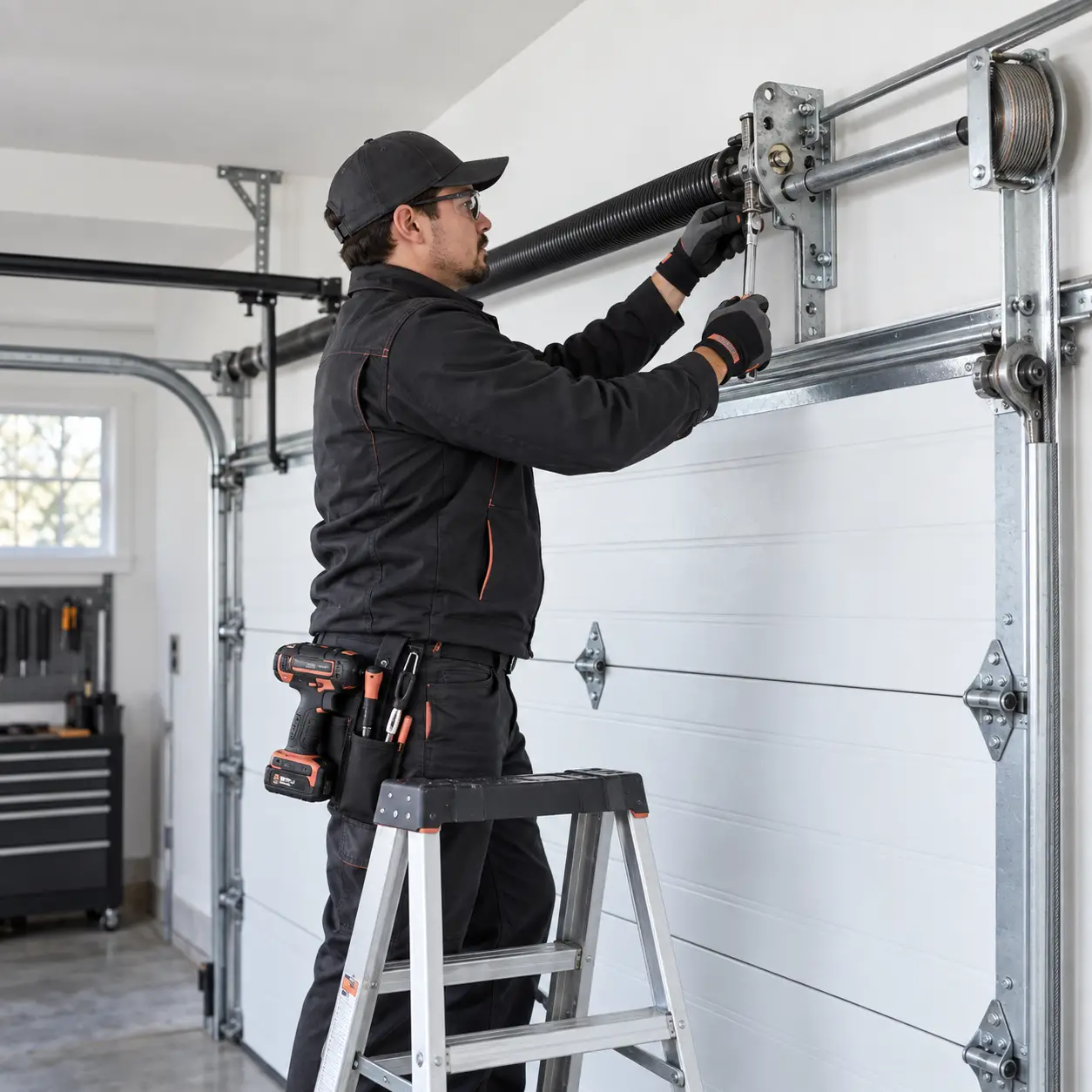 Garage door torsion springs and lifting hardware inspected for cycle life and wear