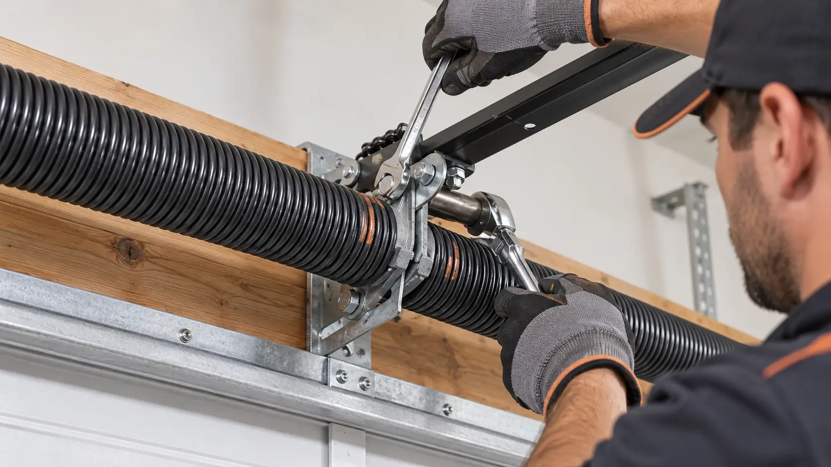 Broken garage door torsion spring with visible separation above the opening