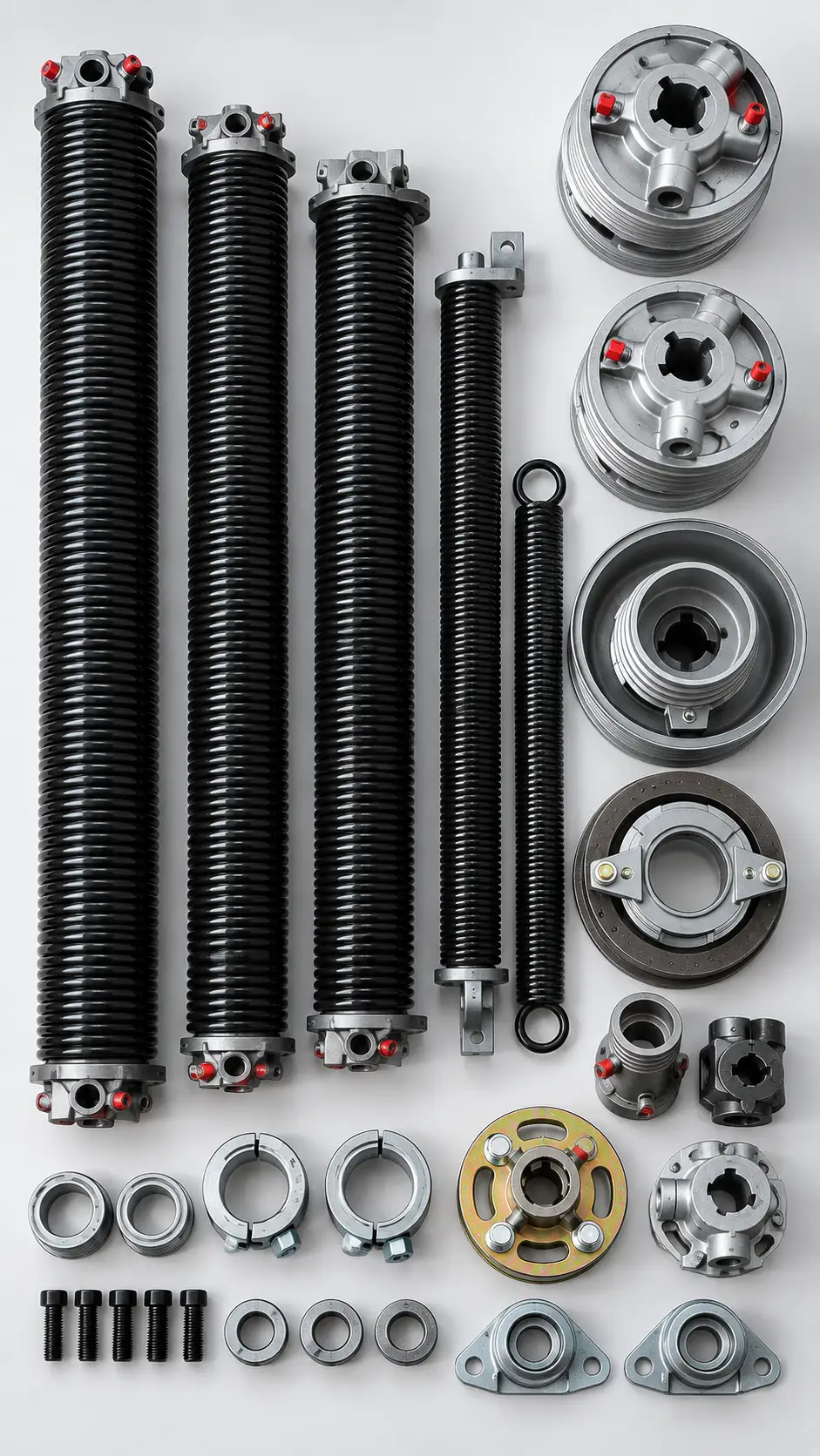 Torsion and extension garage door springs with different sizes and configurations