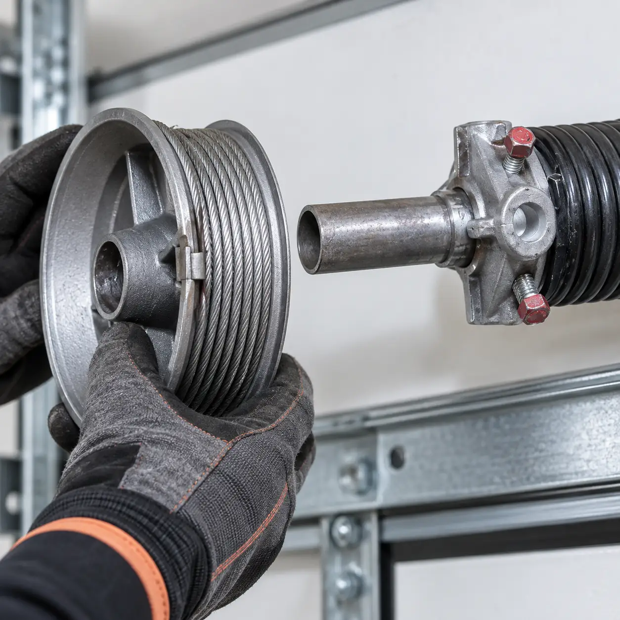 Garage door spring shaft cable drums and related lifting hardware inspected for safety