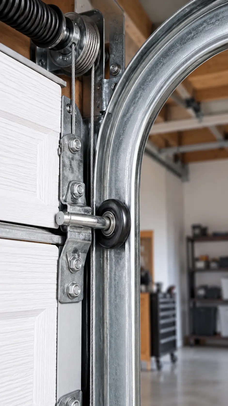 Garage door roller seated in a track beside connected hinge hardware