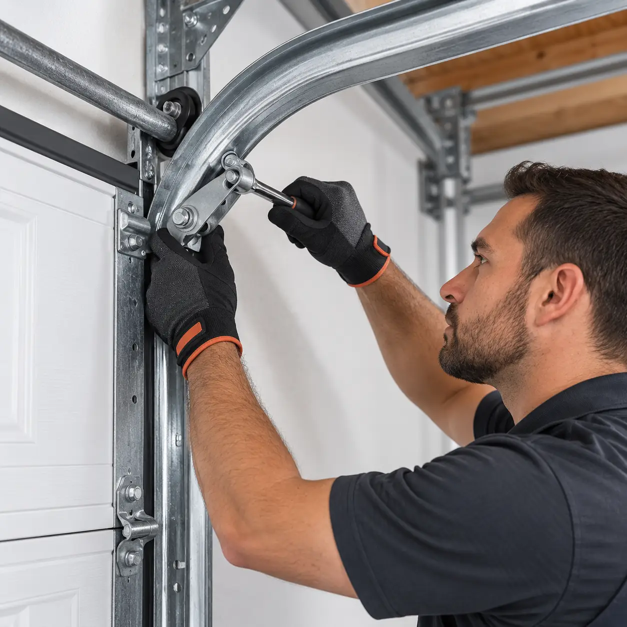 Technician aligning vertical and curved garage door tracks during installation