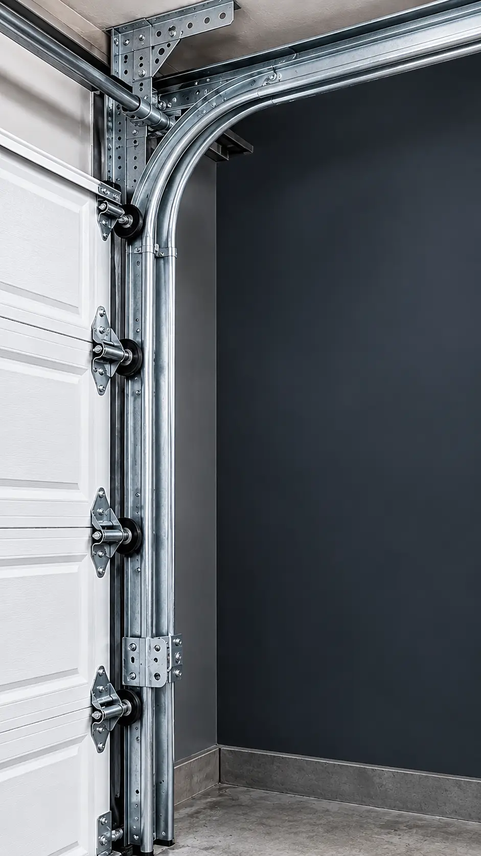 Garage door vertical, curved, and horizontal track sections with mounting brackets