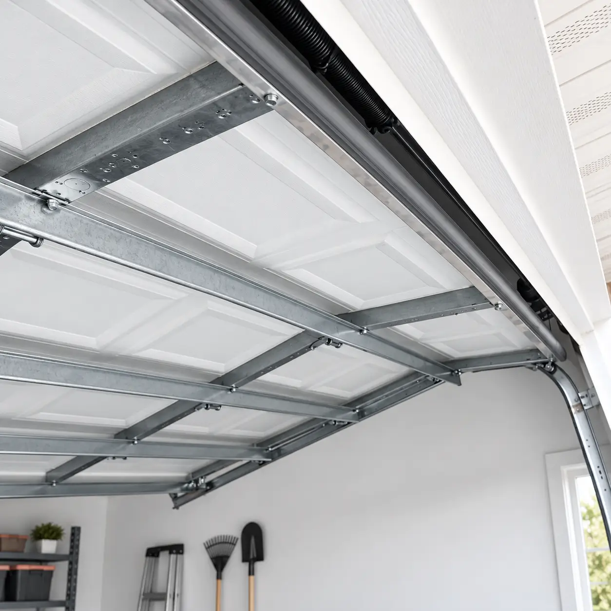 Horizontal garage door tracks and ceiling support brackets in a residential garage