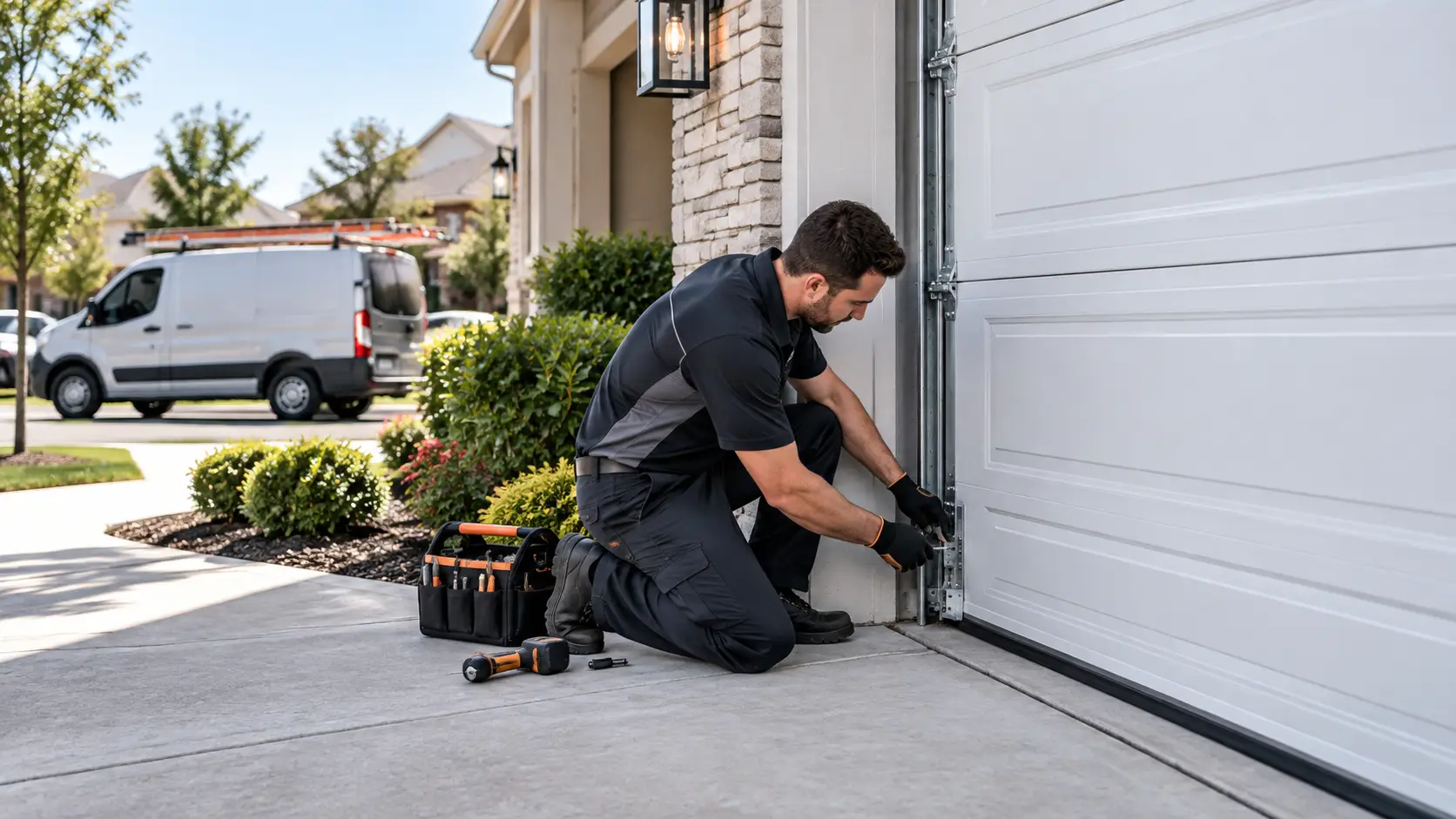 Technician inspecting a replacement sectional garage door panel beside the existing door