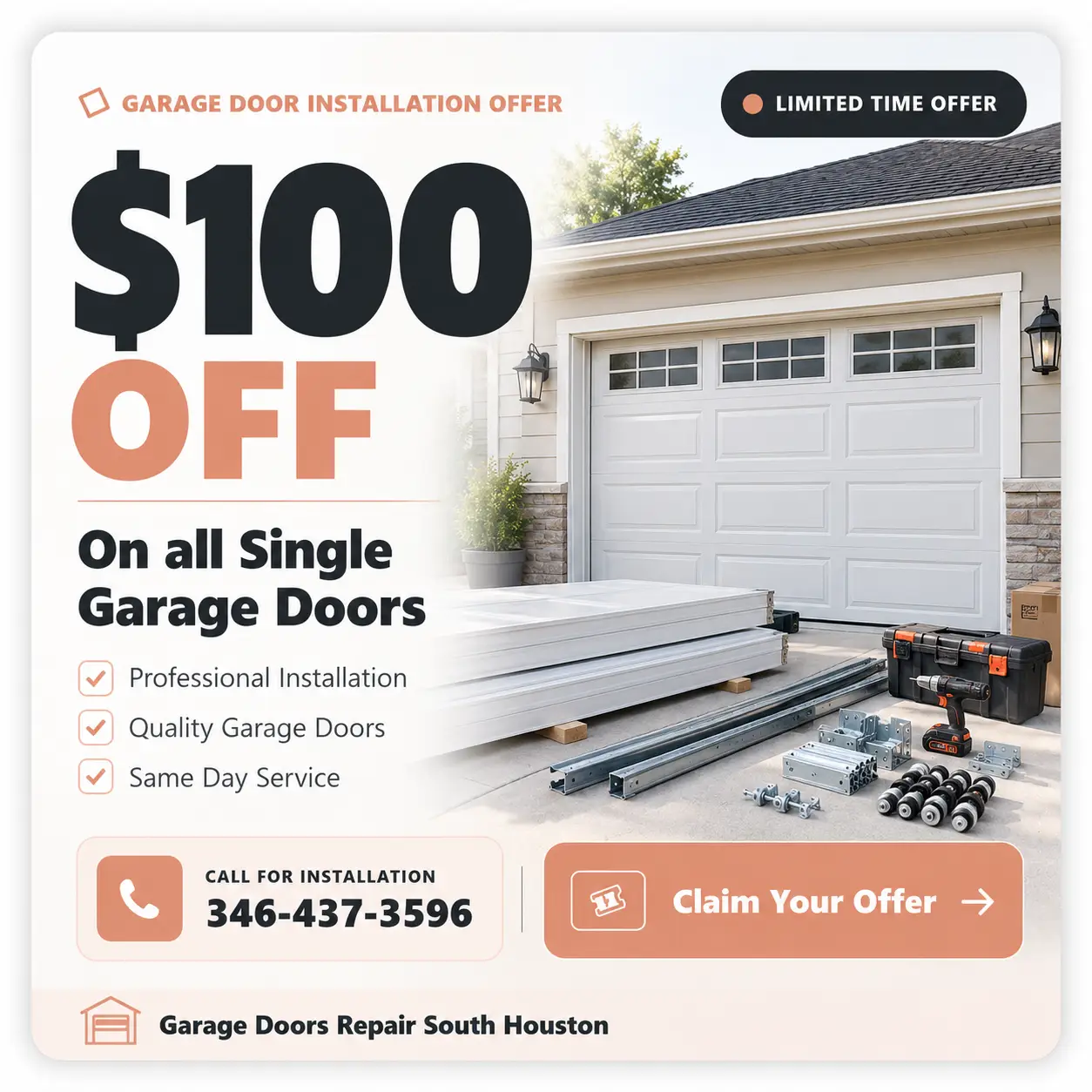 $100 off single garage door installation coupon from Garage Doors Repair South Houston