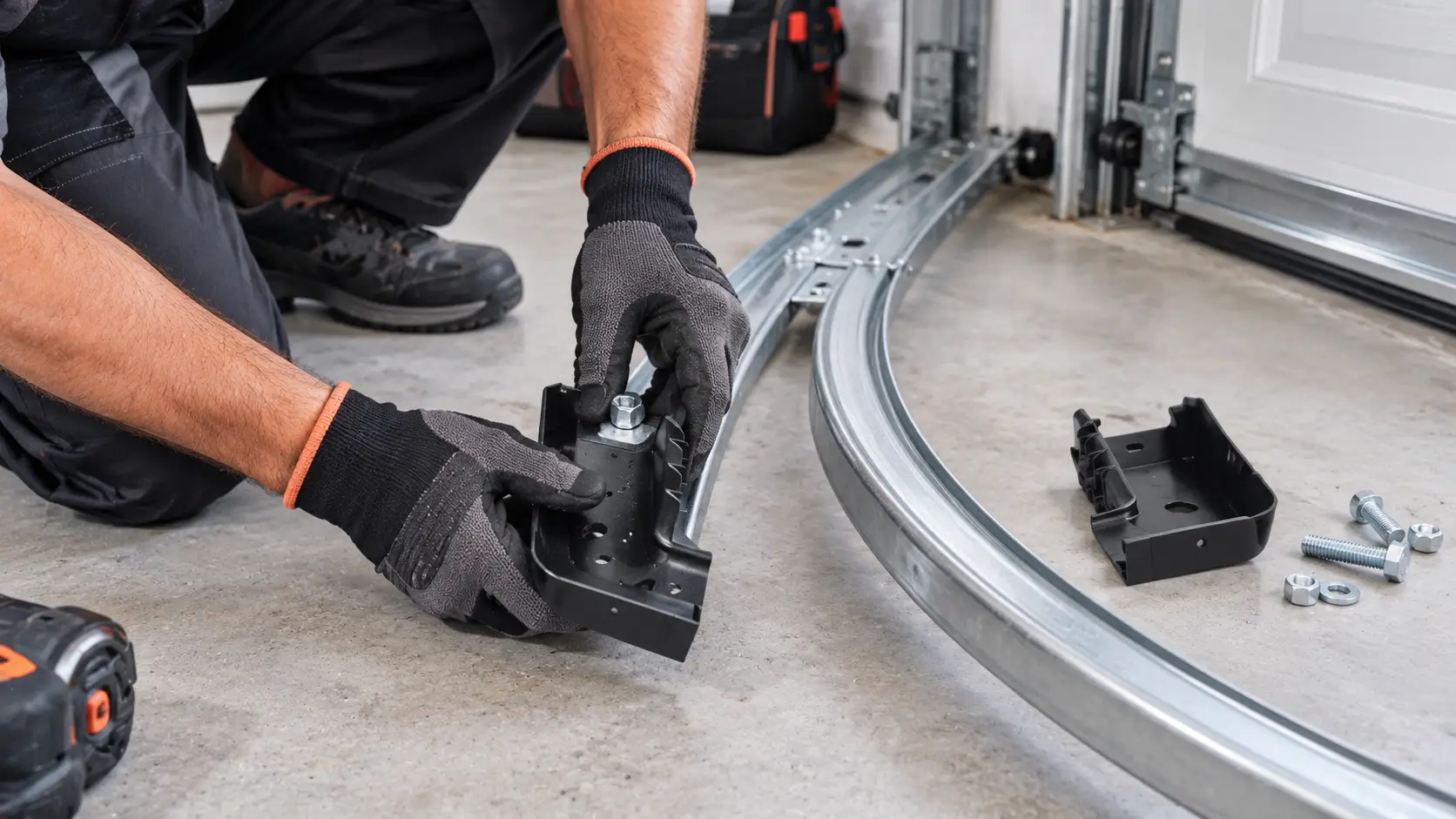 Garage door track brackets and fasteners during alignment inspection