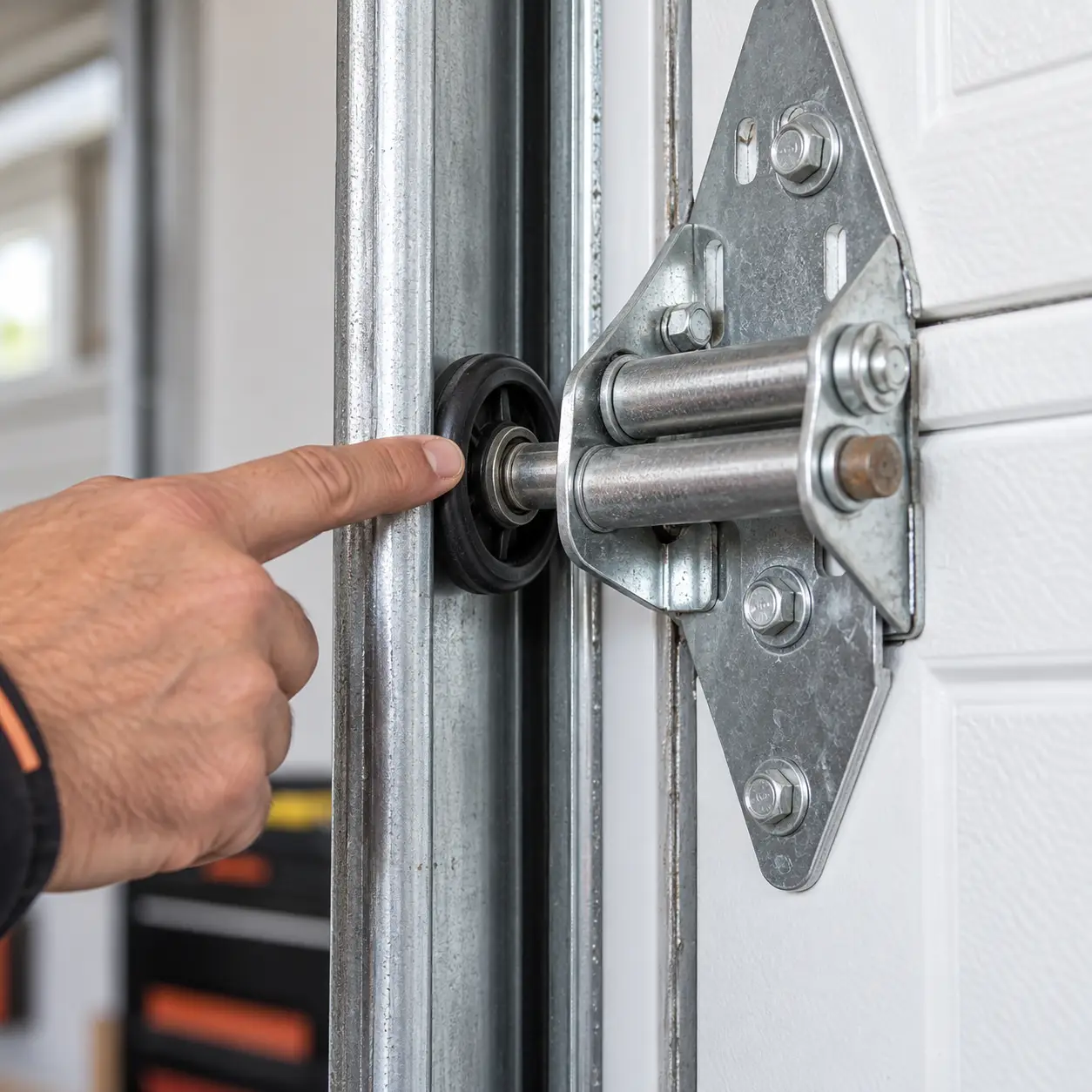 Technician checking garage door springs rollers and tracks in South Houston TX