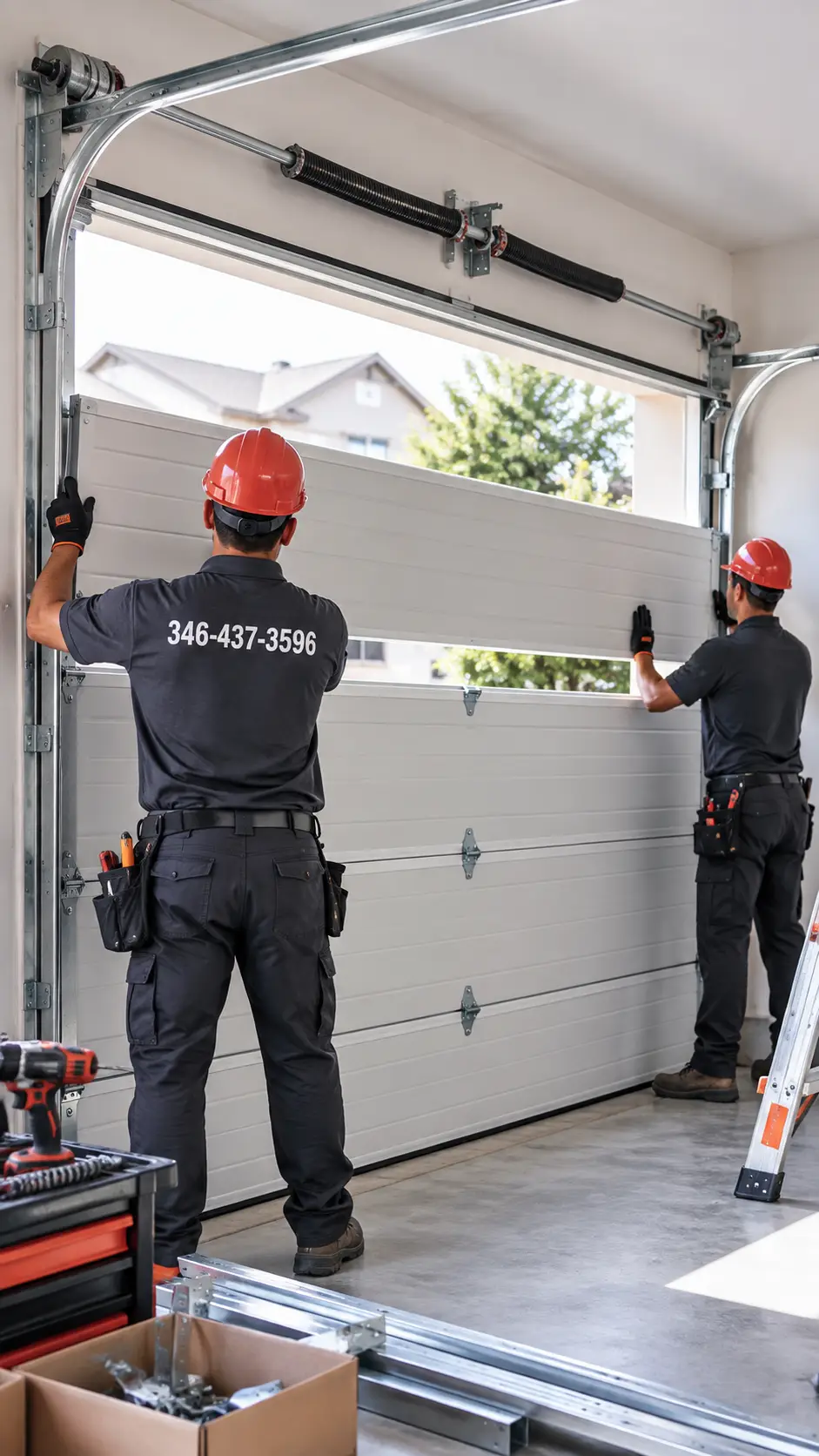 New sectional garage door panels and installation hardware prepared for fitting