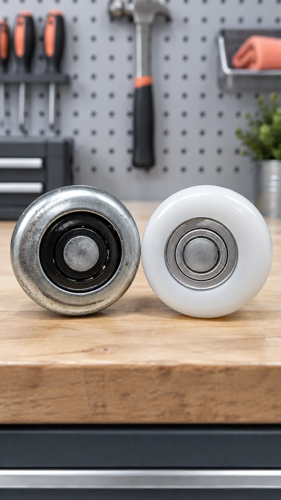 Nylon and steel garage door rollers showing different wheel and bearing designs