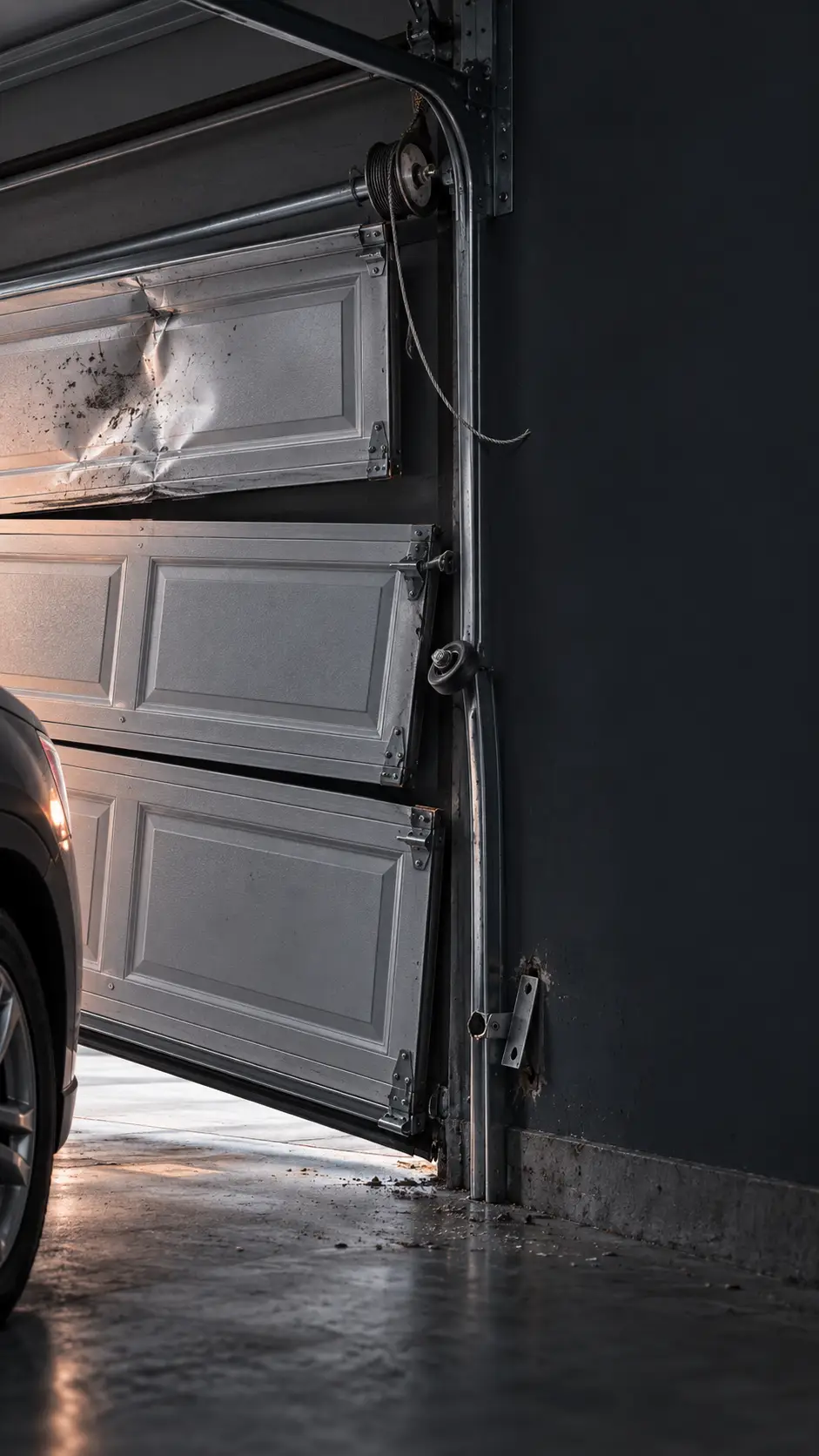 Off-track garage door with roller out of the track and misalignment