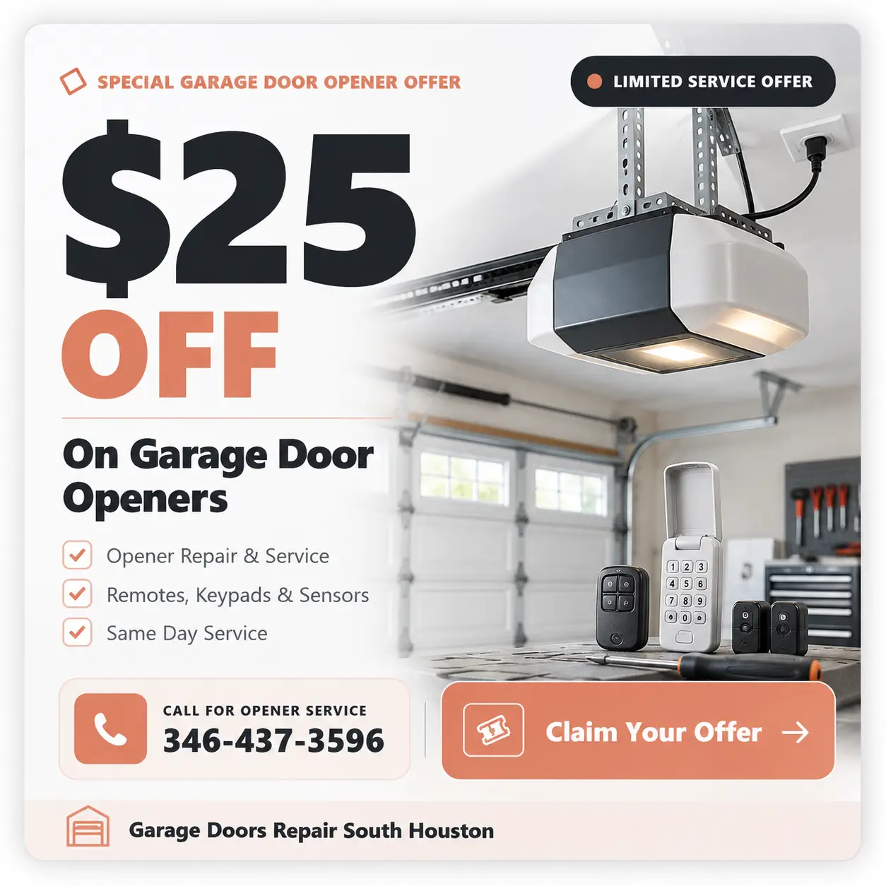 $25 off garage door openers coupon from Garage Doors Repair South Houston